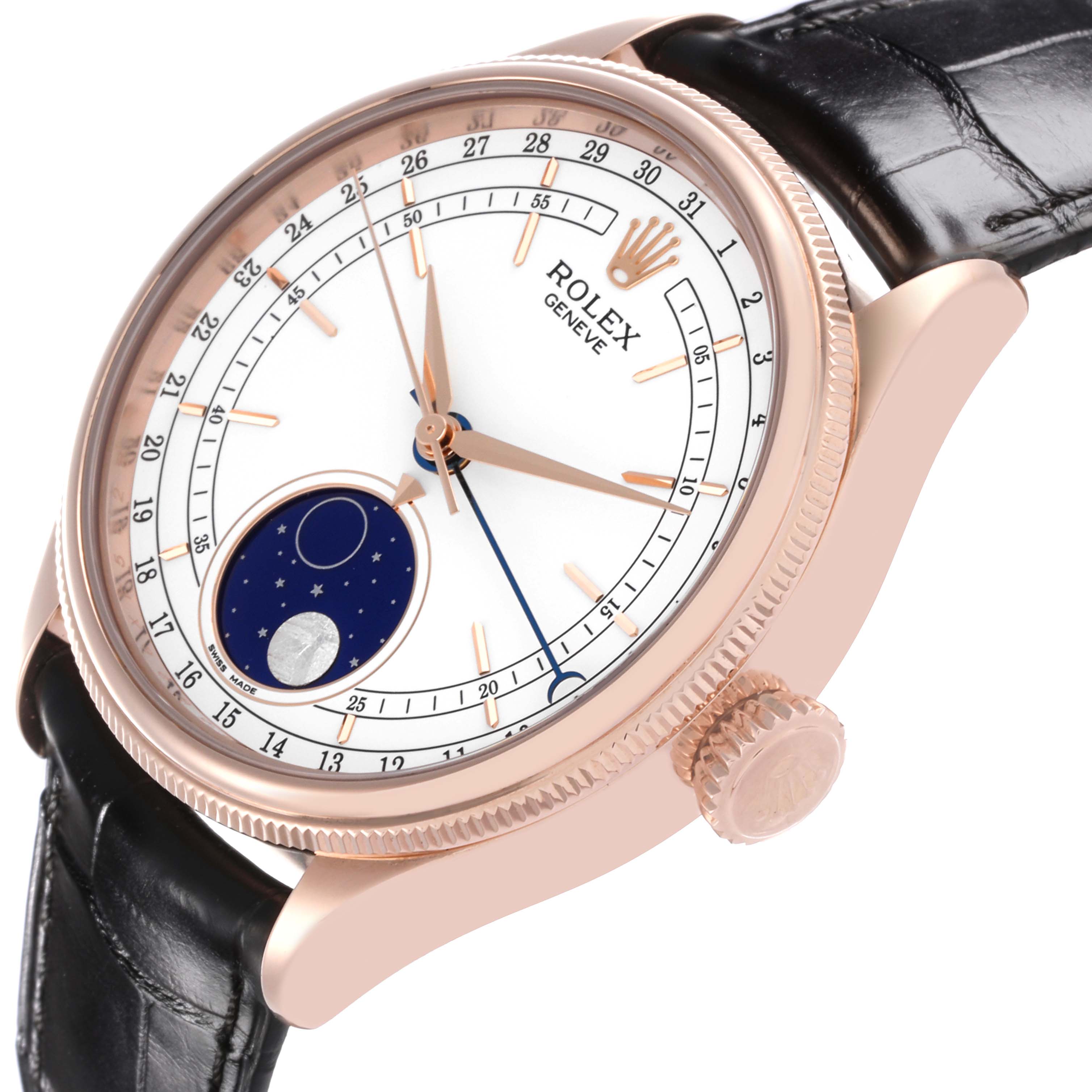 This image shows a Rolex Cellini 50535 Men's Rose Gold White Dial 50535 Men's Rose Gold White Dial watch from a side angle, highlighting the dial with moonphase and hour indicators, and part of the strap.