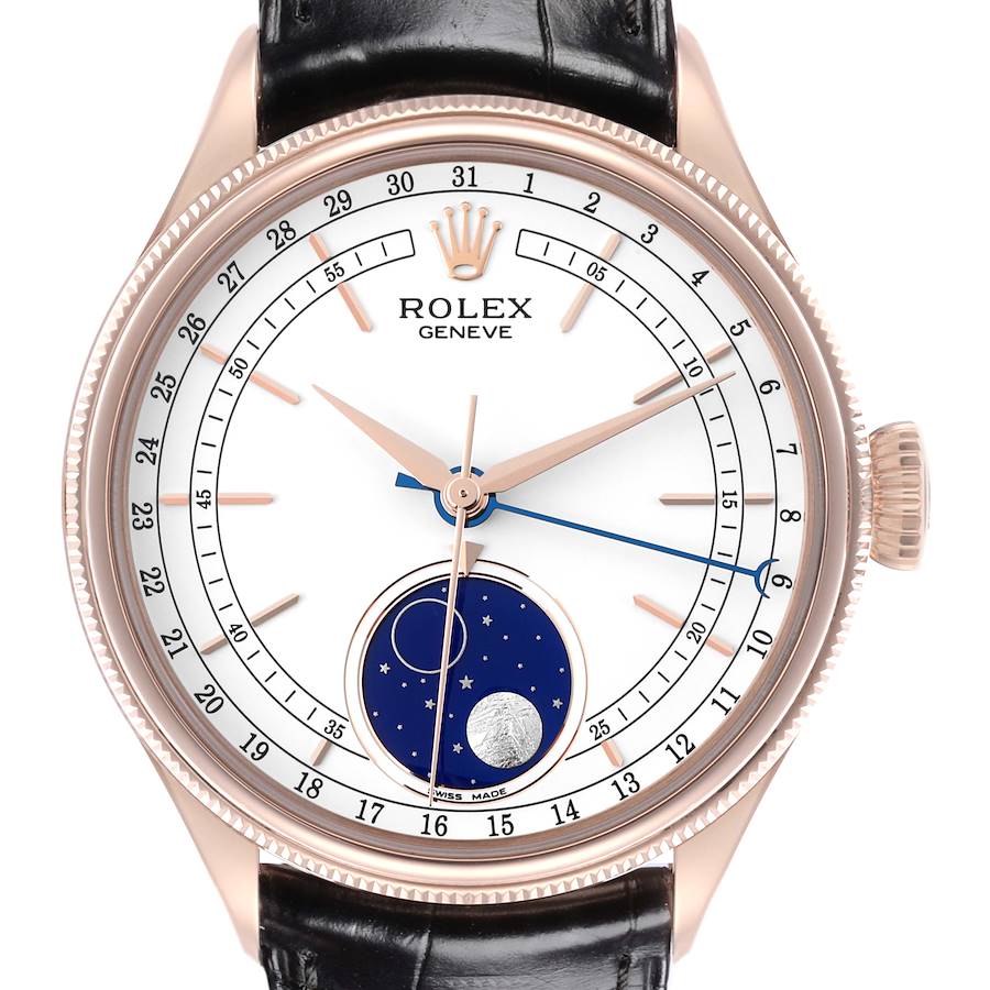 The Rolex Cellini watch is shown from the front, featuring the dial, hands, and moon phase subdial.