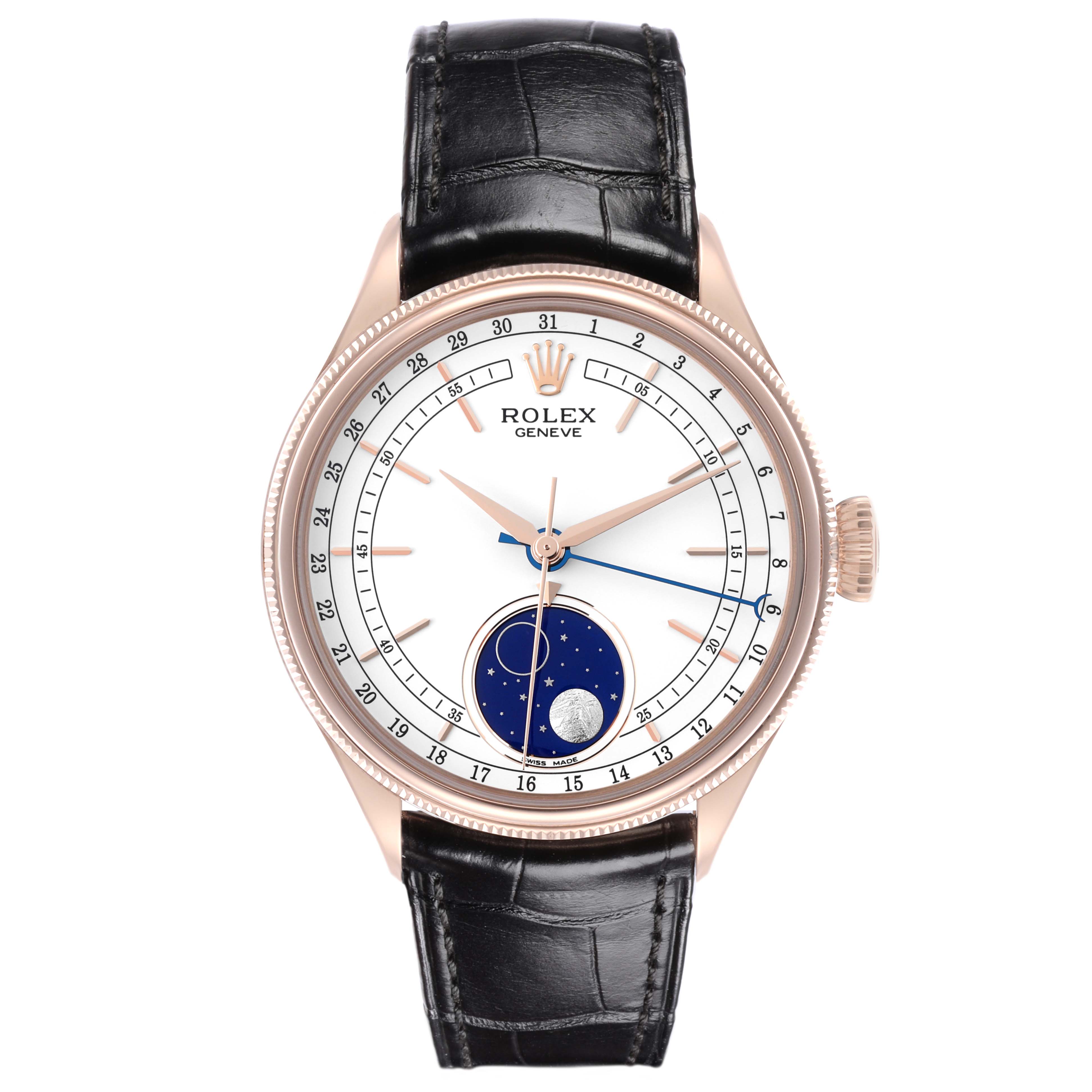 The Rolex Cellini 50535 Men's Rose Gold White Dial 50535 Men's Rose Gold White Dial watch is shown from a front angle, highlighting the dial, case, and leather strap.