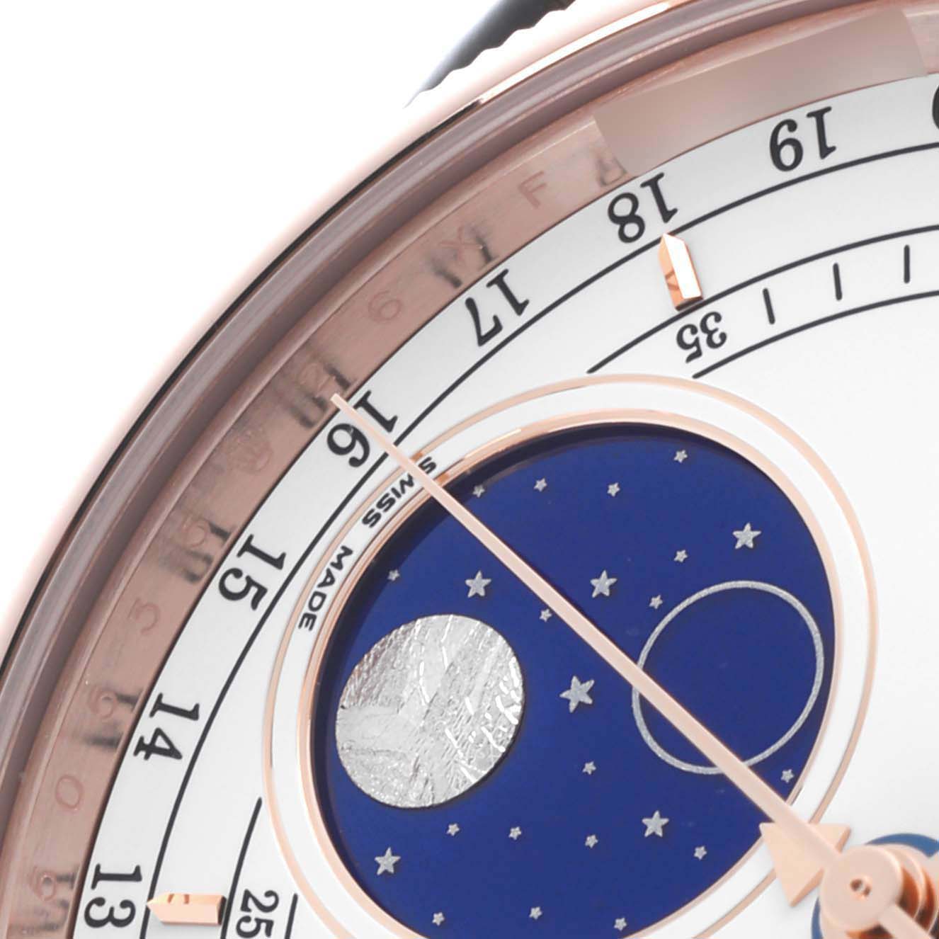 The Rolex Cellini 50535 Men's Rose Gold White Dial 50535 Men's Rose Gold White Dial watch is shown at an angle highlighting the moon phase dial and outer date track.