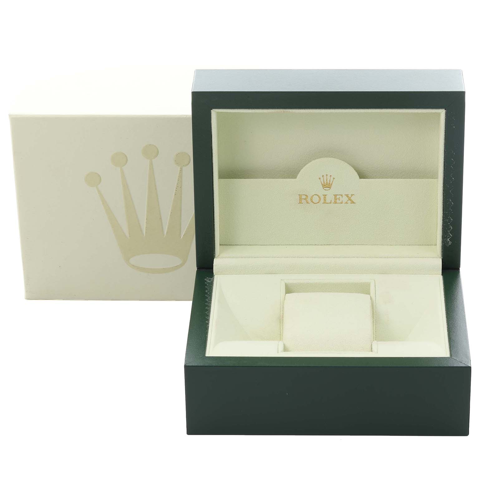 The image shows a Rolex Cellini 50535 Men's Rose Gold White Dial 50535 Men's Rose Gold White Dial watch box open, displaying its inner lining and holder from a front angle.