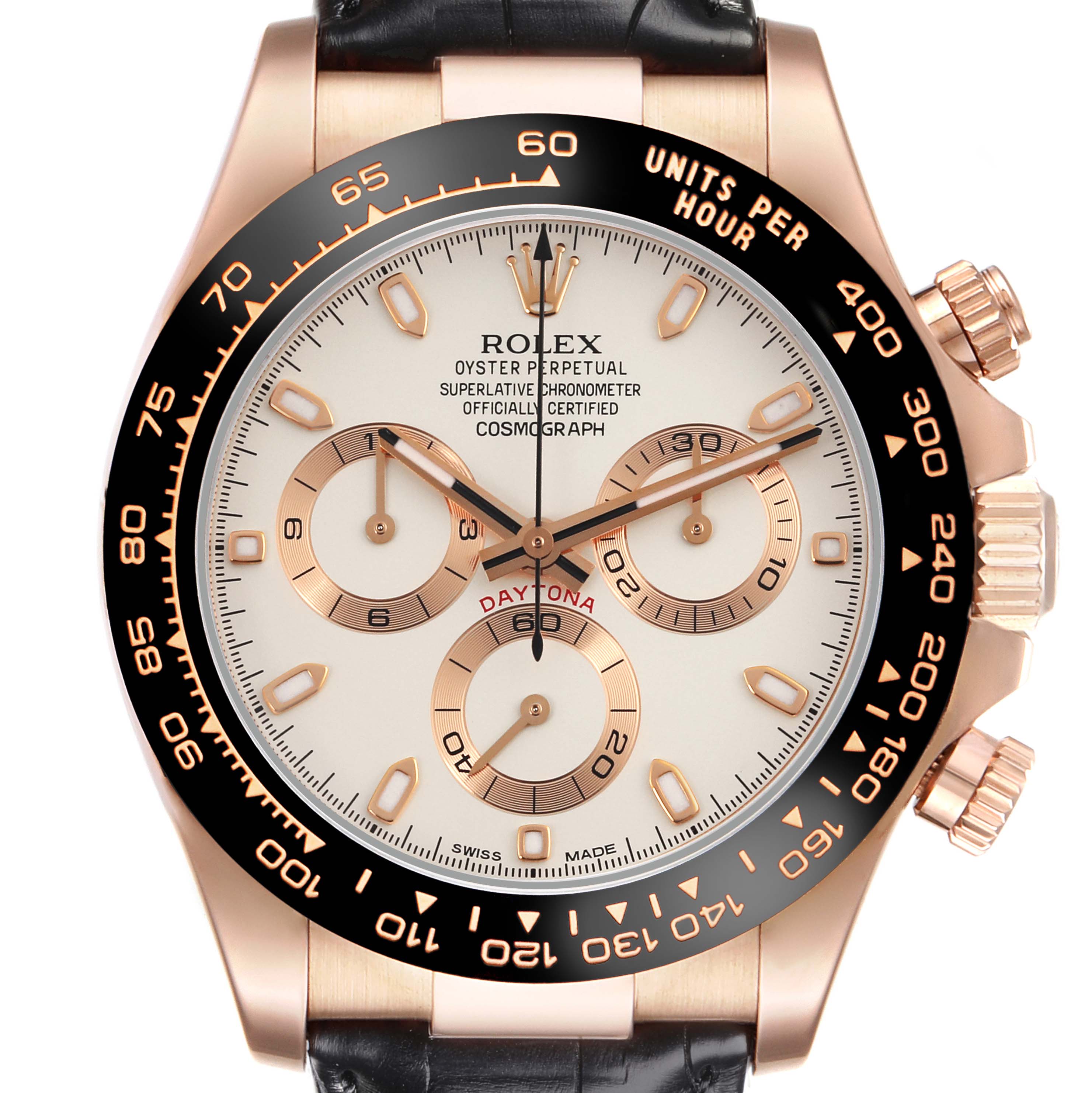 The Rolex Daytona 116515LN Men's Rose Gold White Dial 116515LN Men's Rose Gold White Dial watch is shown from the front, highlighting the dial, bezel, chronograph subdials, and crown.