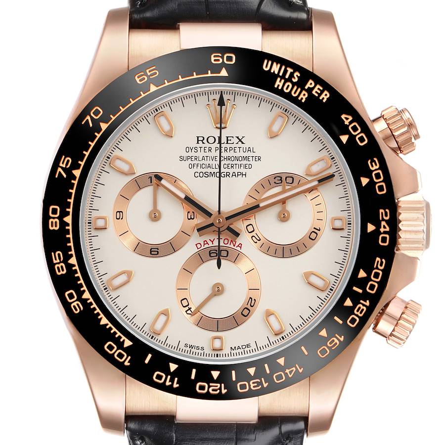 The Rolex Daytona watch is shown from the front, highlighting the dial, bezel, chronograph subdials, and crown.