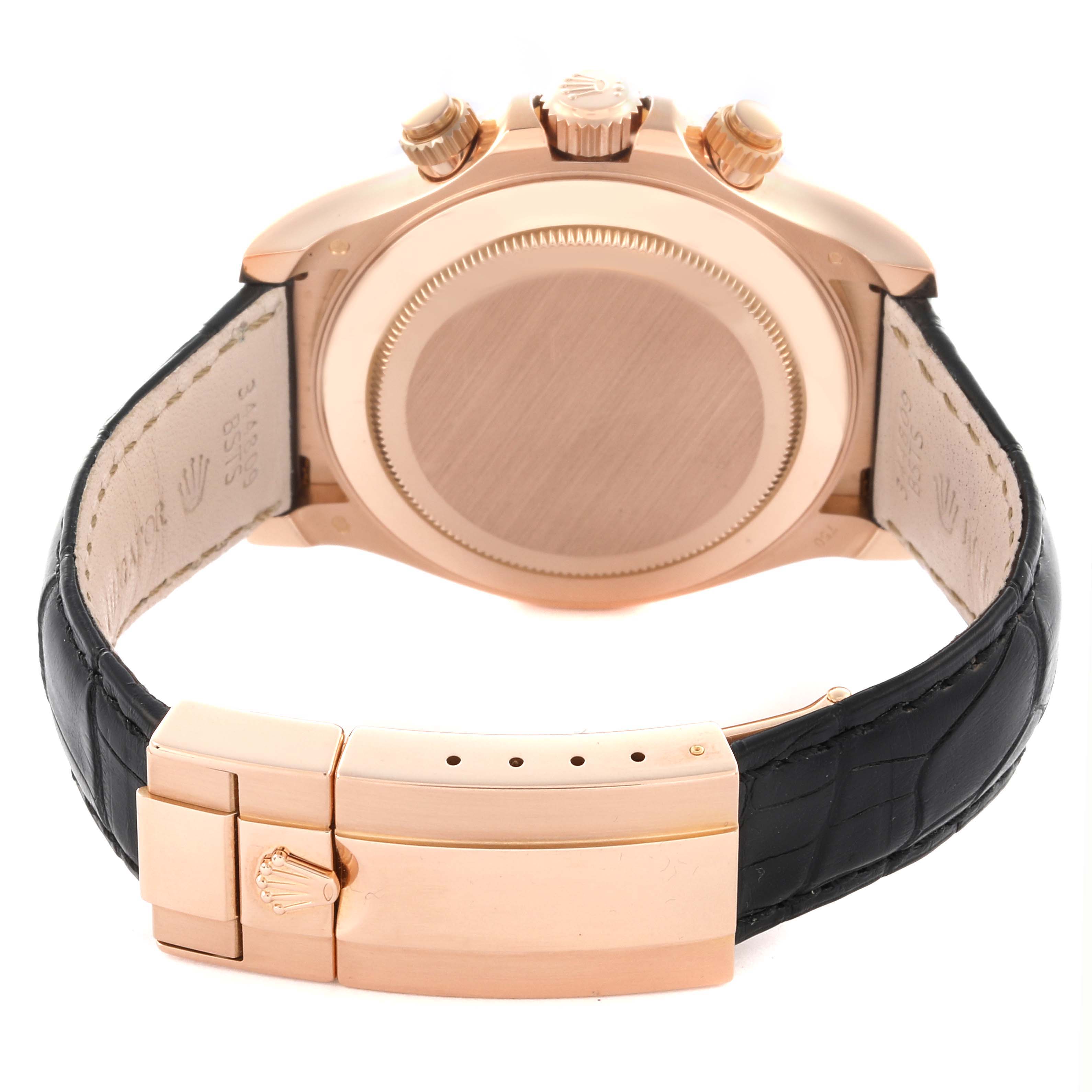 The image shows the back of the Rolex Daytona 116515LN Men's Rose Gold White Dial 116515LN Men's Rose Gold White Dial watch, highlighting the clasp, case back, and leather strap from a rear angle.