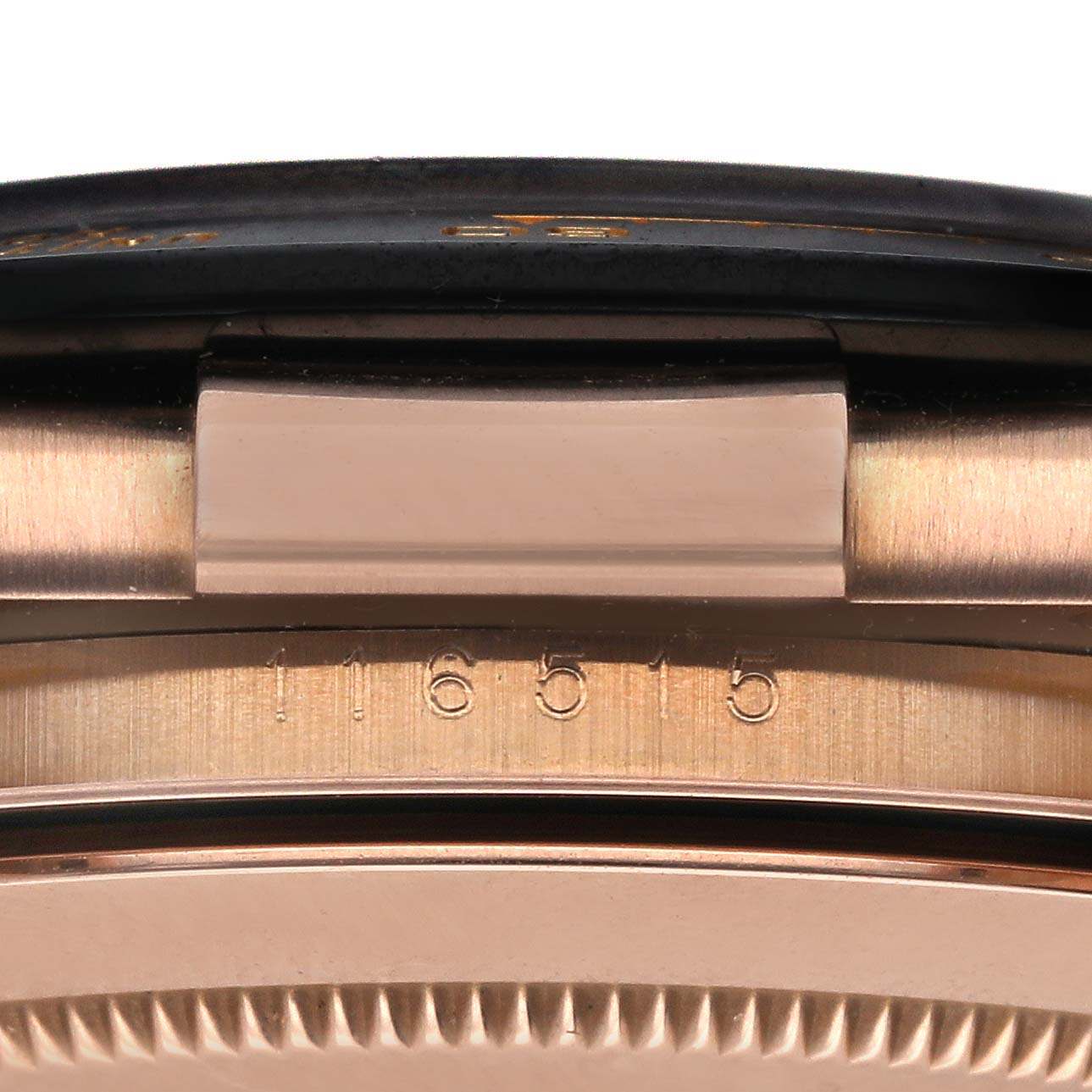 The image shows a side view of the Rolex Daytona 116515LN Men's Rose Gold White Dial 116515LN Men's Rose Gold White Dial watch, focusing on the case and reference number 116515.