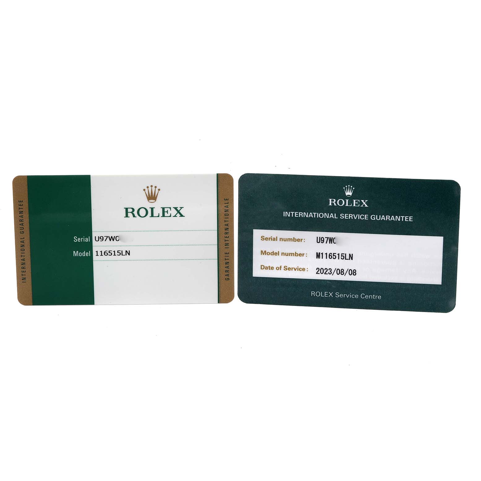 The image shows the warranty and service guarantee cards for the Rolex Daytona 116515LN Men's Rose Gold White Dial 116515LN Men's Rose Gold White Dial model.
