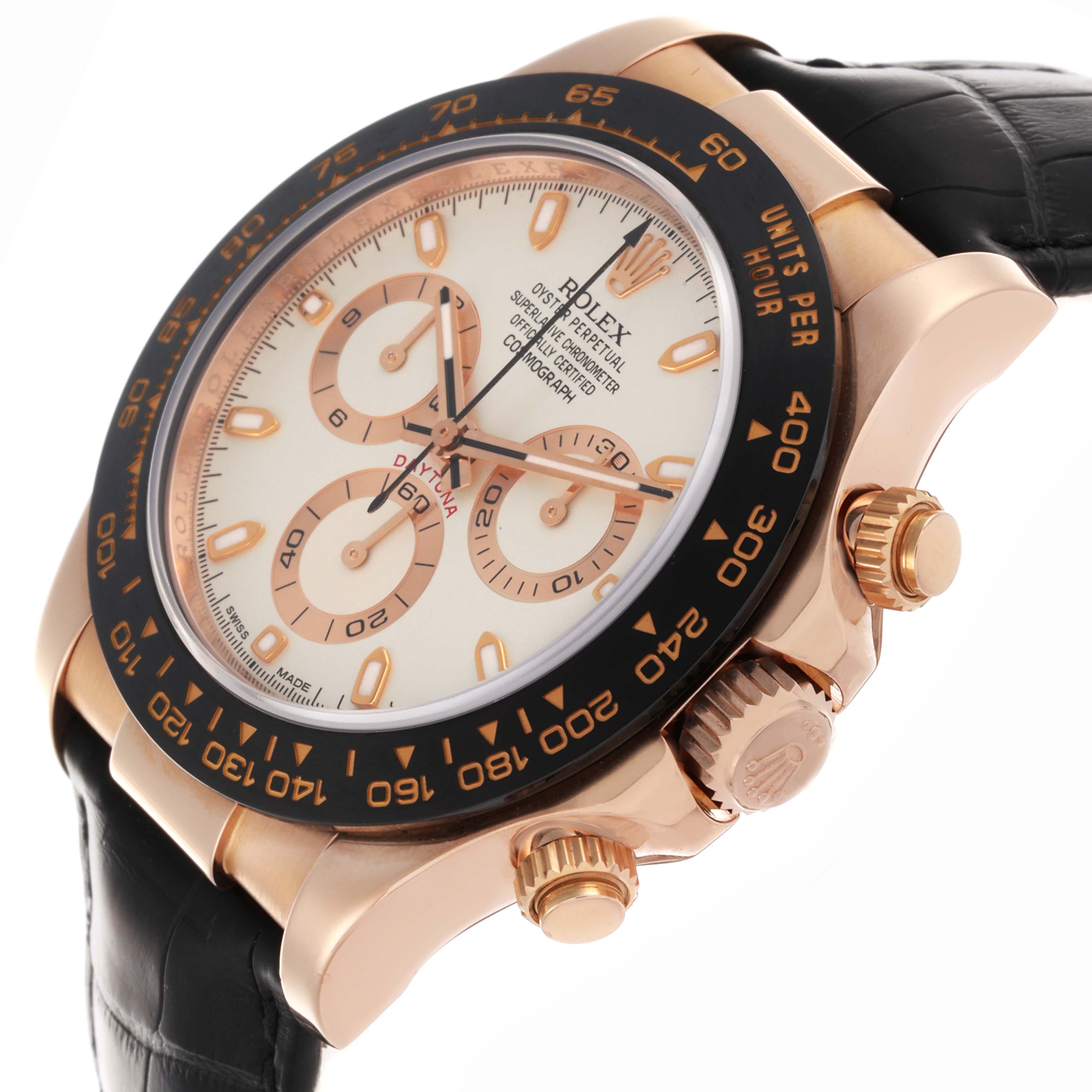 The Rolex Daytona 116515LN Men's Rose Gold White Dial 116515LN Men's Rose Gold White Dial watch is shown at an angle highlighting the face, bezel, crown, and chronograph pushers.