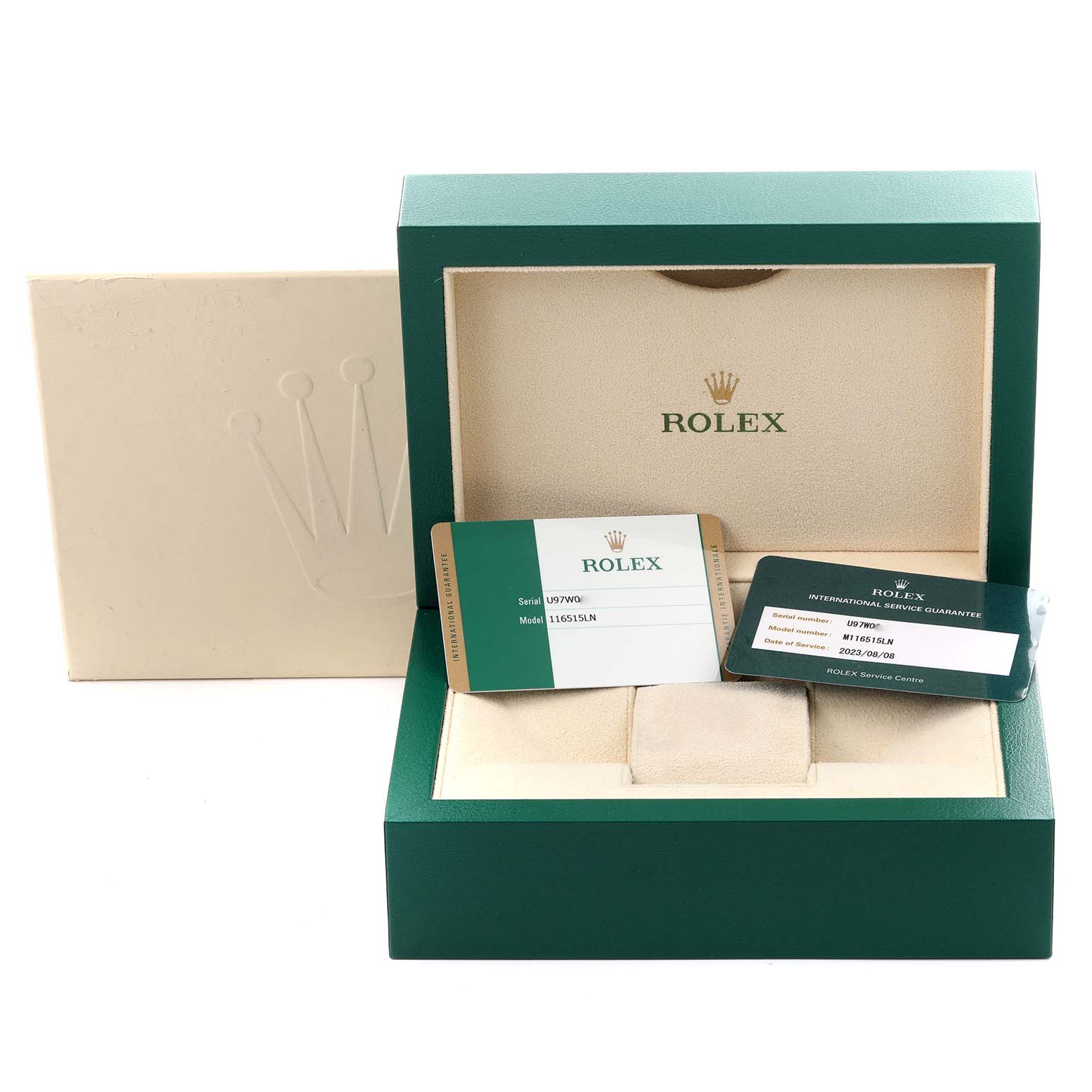 The image shows a Rolex Daytona 116515LN Men's Rose Gold White Dial 116515LN Men's Rose Gold White Dial watch box with warranty cards displayed in front.