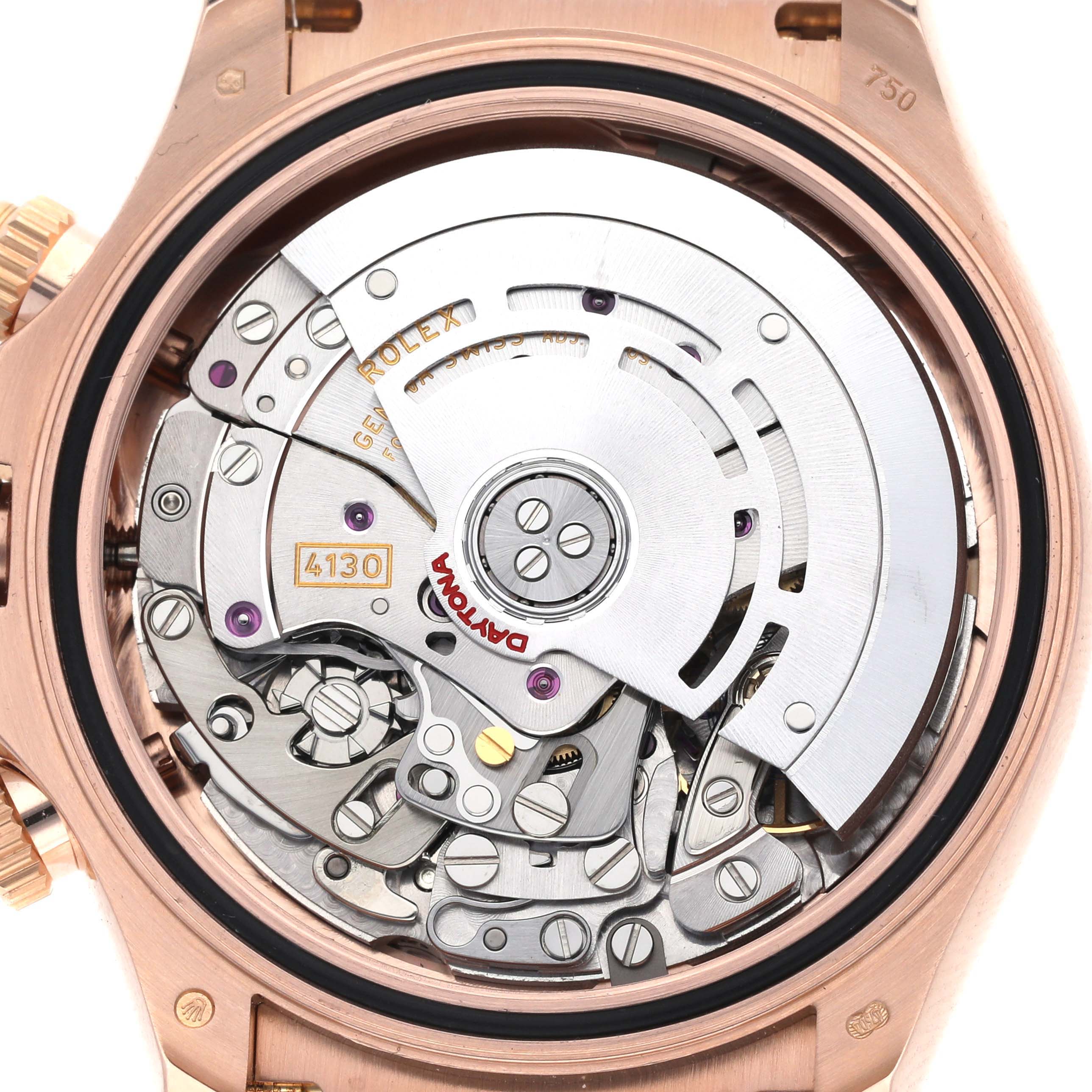 The image shows the movement and mechanism of a Rolex Daytona 116515LN Men's Rose Gold White Dial 116515LN Men's Rose Gold White Dial watch from the back.