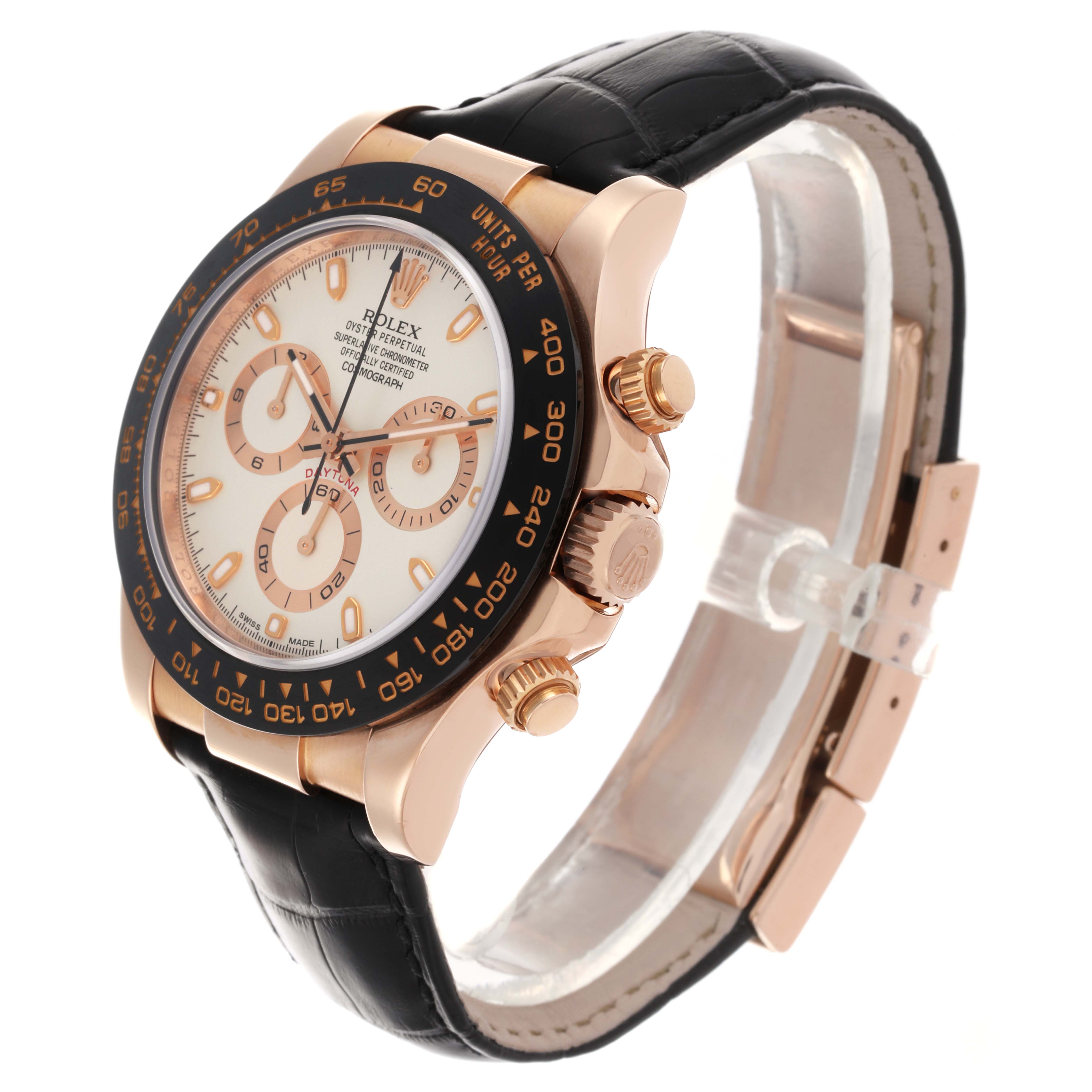 The Rolex Daytona 116515LN Men's Rose Gold White Dial 116515LN Men's Rose Gold White Dial watch is shown at a side angle featuring the face, bezel, crown, pushers, and strap.