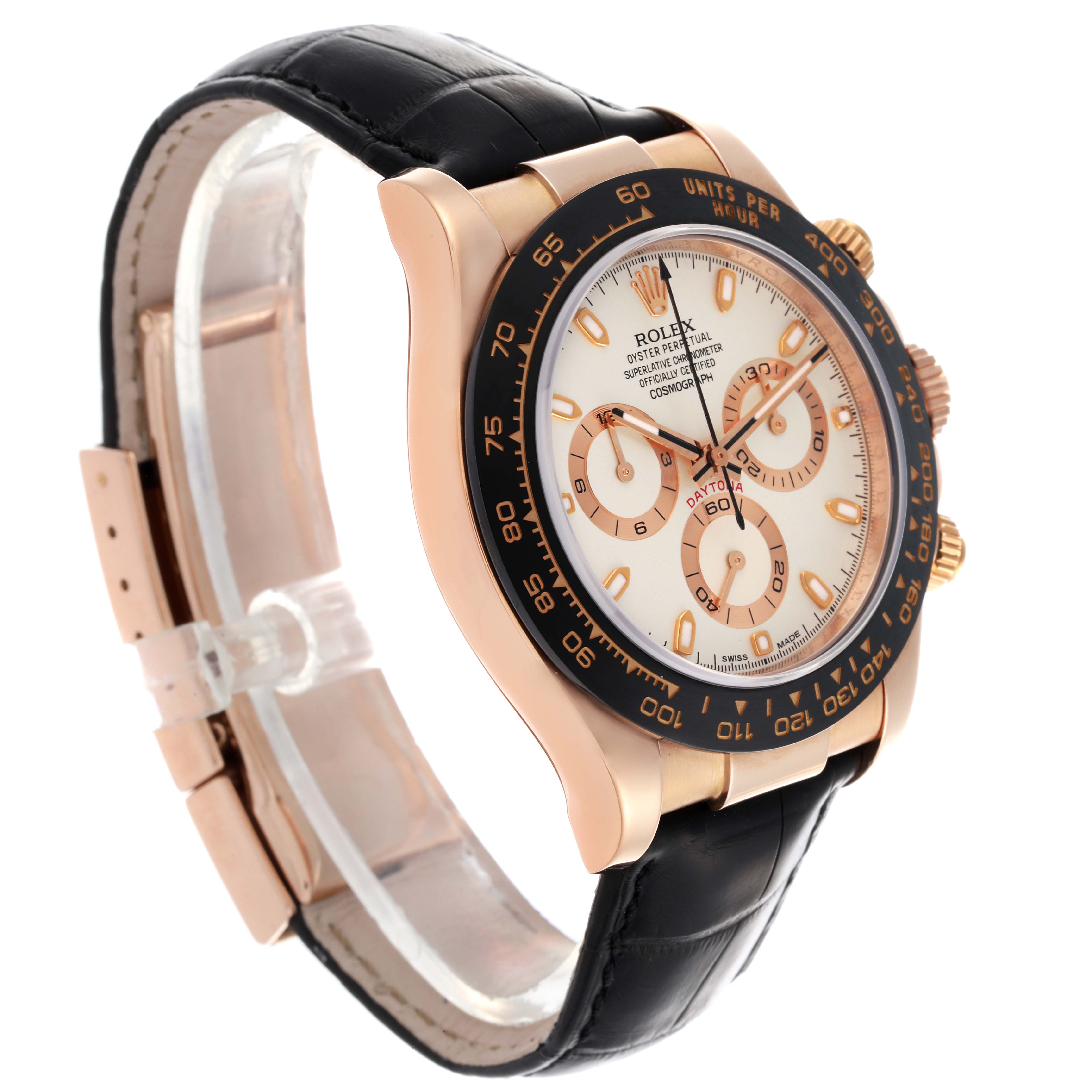 The Rolex Daytona 116515LN Men's Rose Gold White Dial 116515LN Men's Rose Gold White Dial watch is shown at a three-quarter angle, displaying the face, bezel, case, and leather strap.