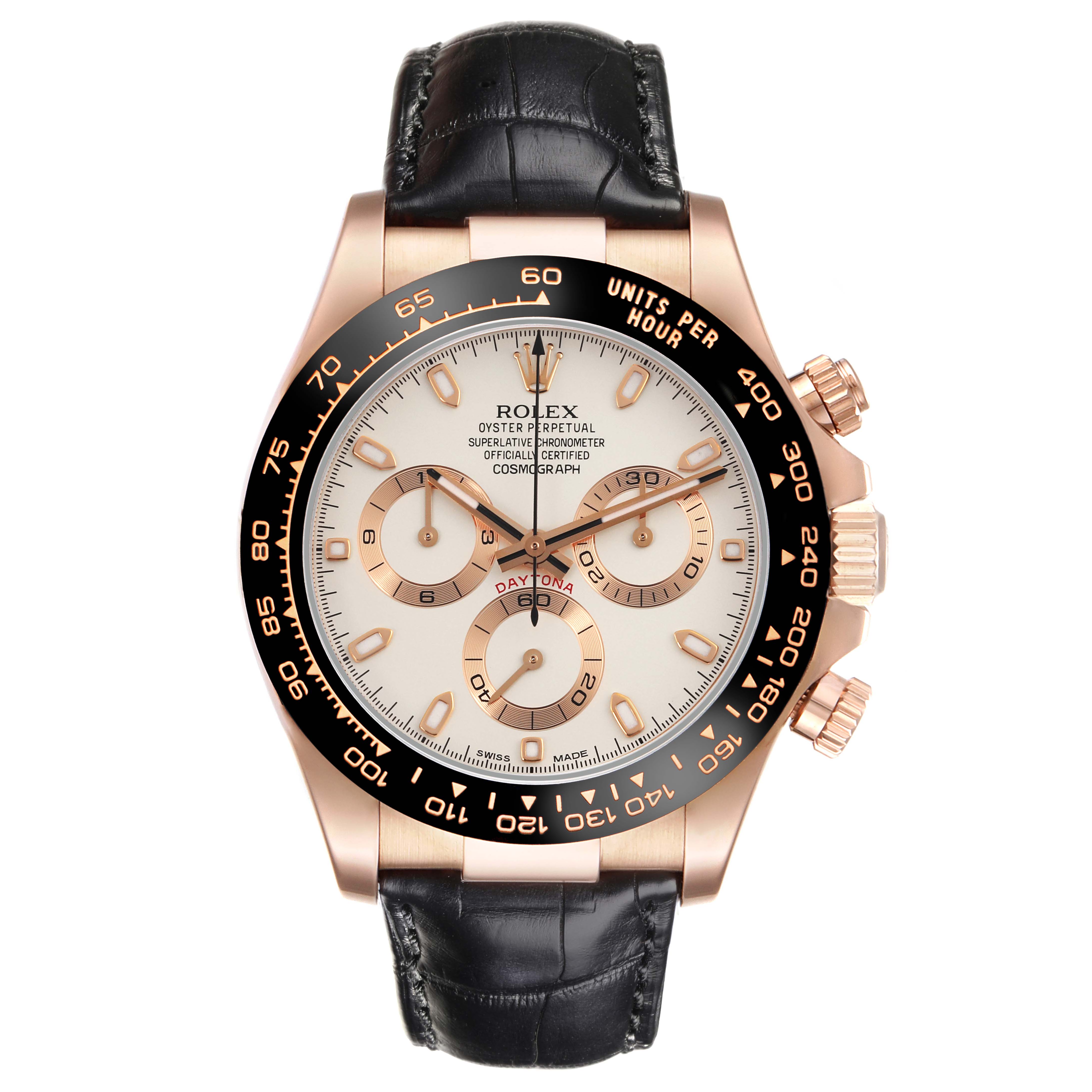 The Rolex Daytona 116515LN Men's Rose Gold White Dial 116515LN Men's Rose Gold White Dial watch is shown front-facing, displaying the dial, bezel, and strap.