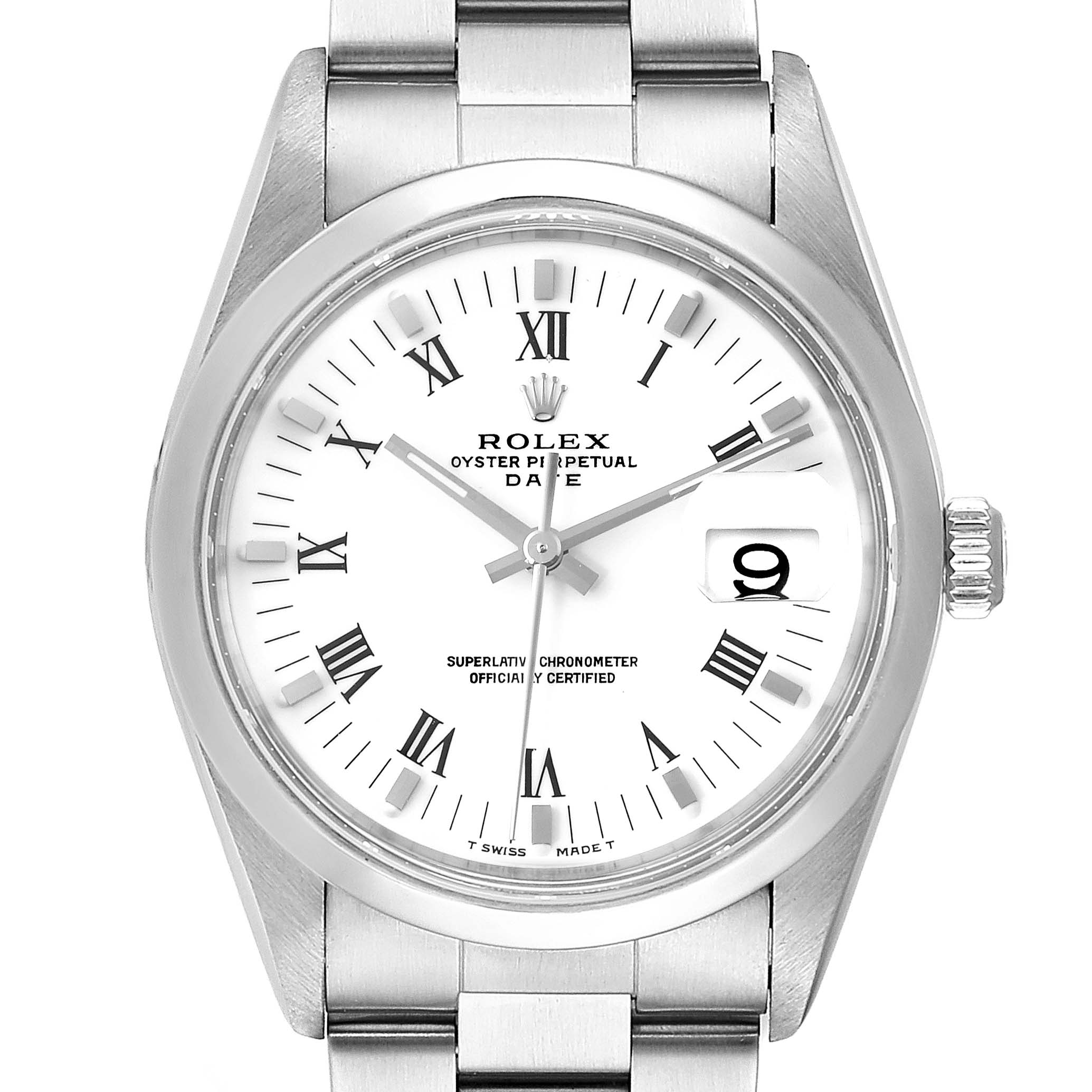 This image shows a front view of a Rolex Date 15200 Men's Stainless Steel White Dial 15200 Men's Stainless Steel White Dial model, displaying its white dial, Roman numerals, and date window at 3 o'clock.