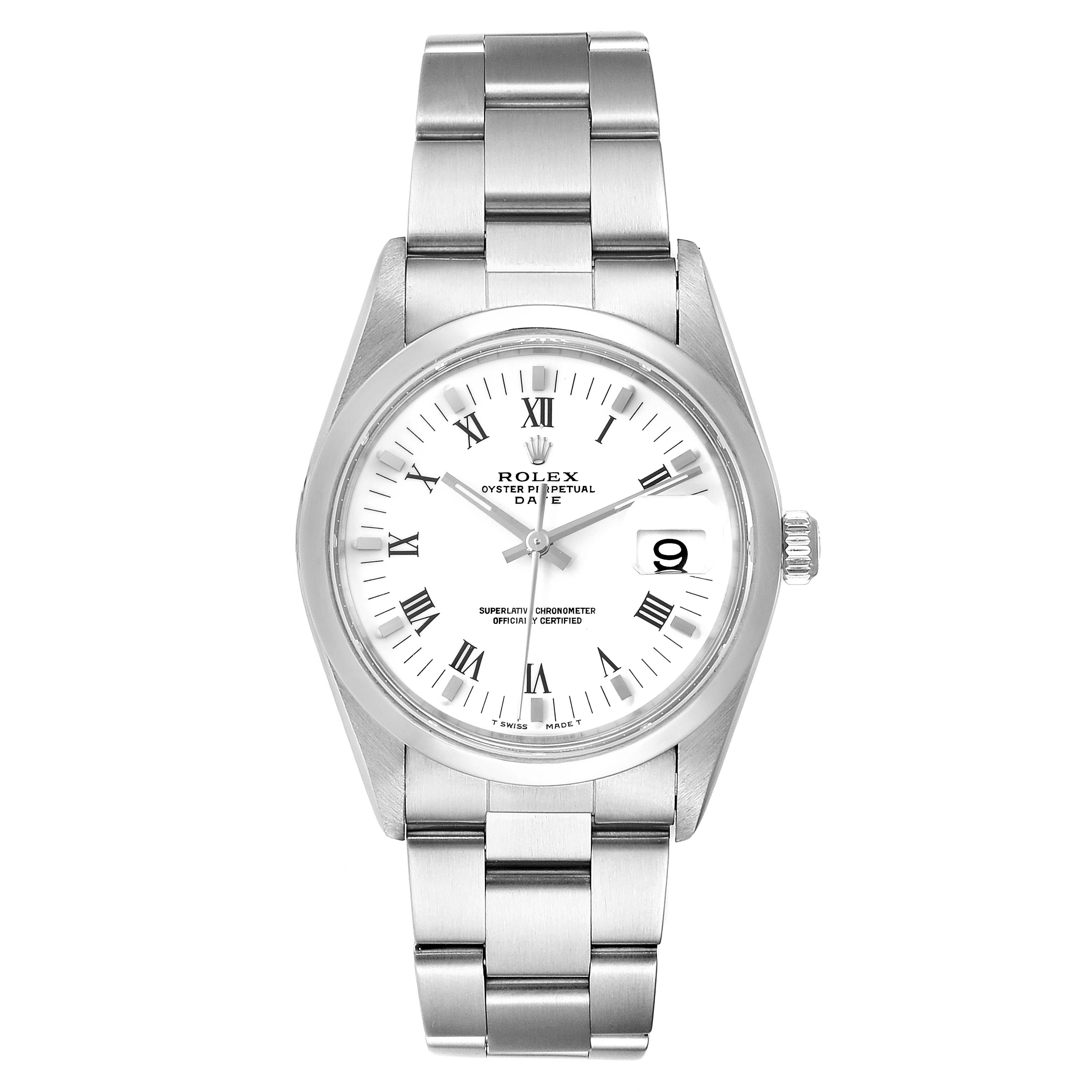 This Rolex Date 15200 Men's Stainless Steel White Dial 15200 Men's Stainless Steel White Dial model is shown from a top-down angle, displaying the watch face, bracelet, and crown.