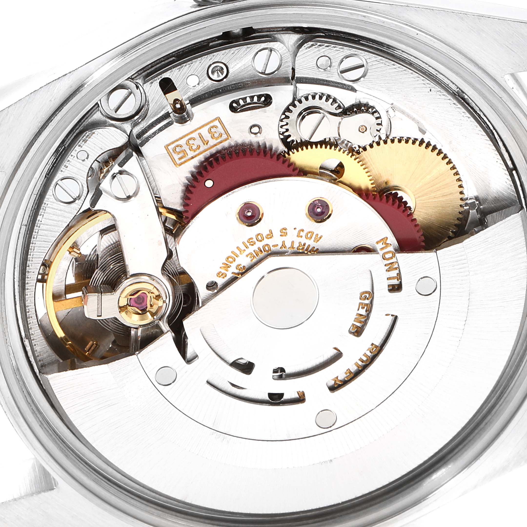 The image shows the intricate internal mechanism of a Rolex Date 15200 Men's Stainless Steel White Dial 15200 Men's Stainless Steel White Dial model watch, highlighting gears and other components from a close-up, angled top view.