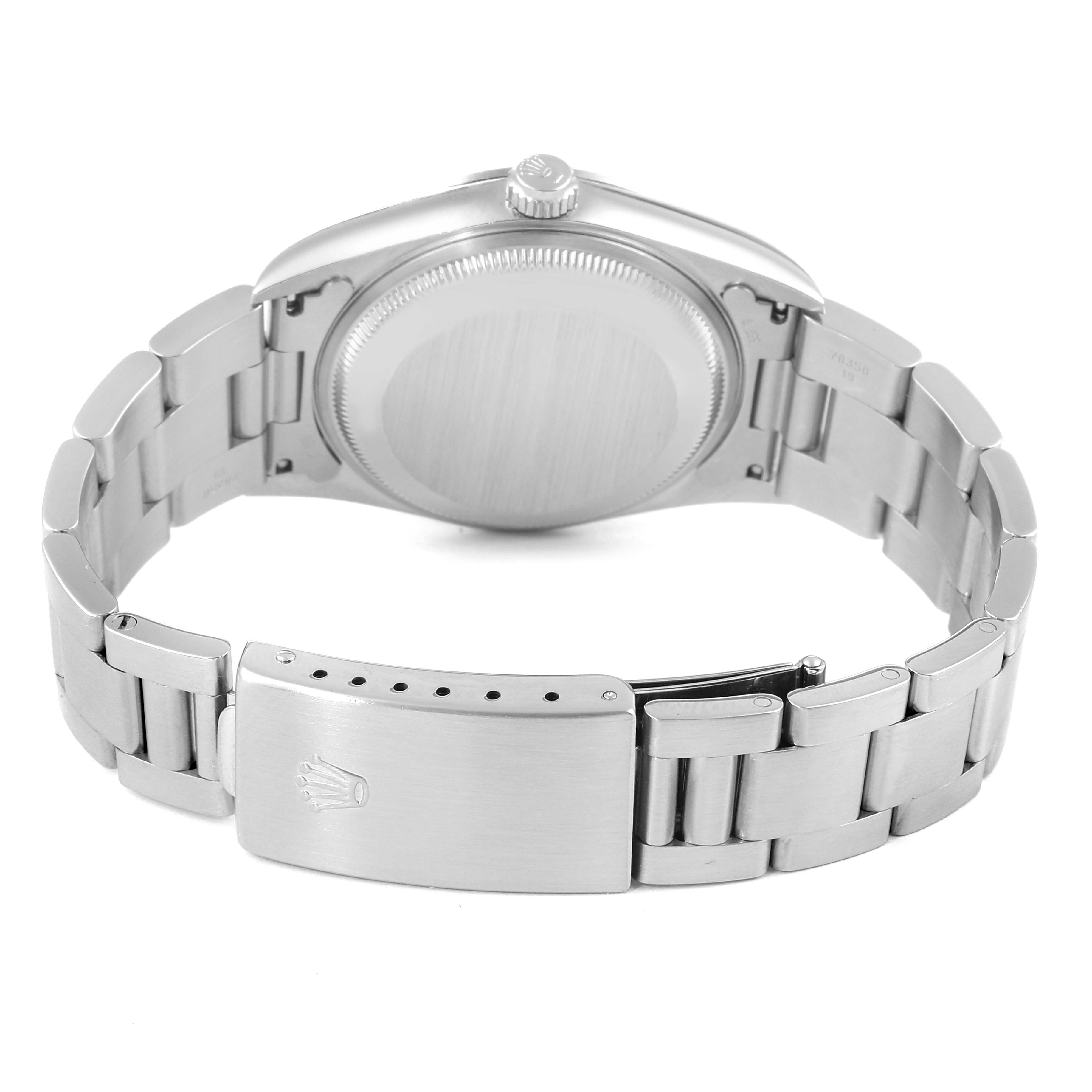 This image shows the back view of a Rolex Date 15200 Men's Stainless Steel White Dial 15200 Men's Stainless Steel White Dial model watch, highlighting the case back and clasp of the bracelet.