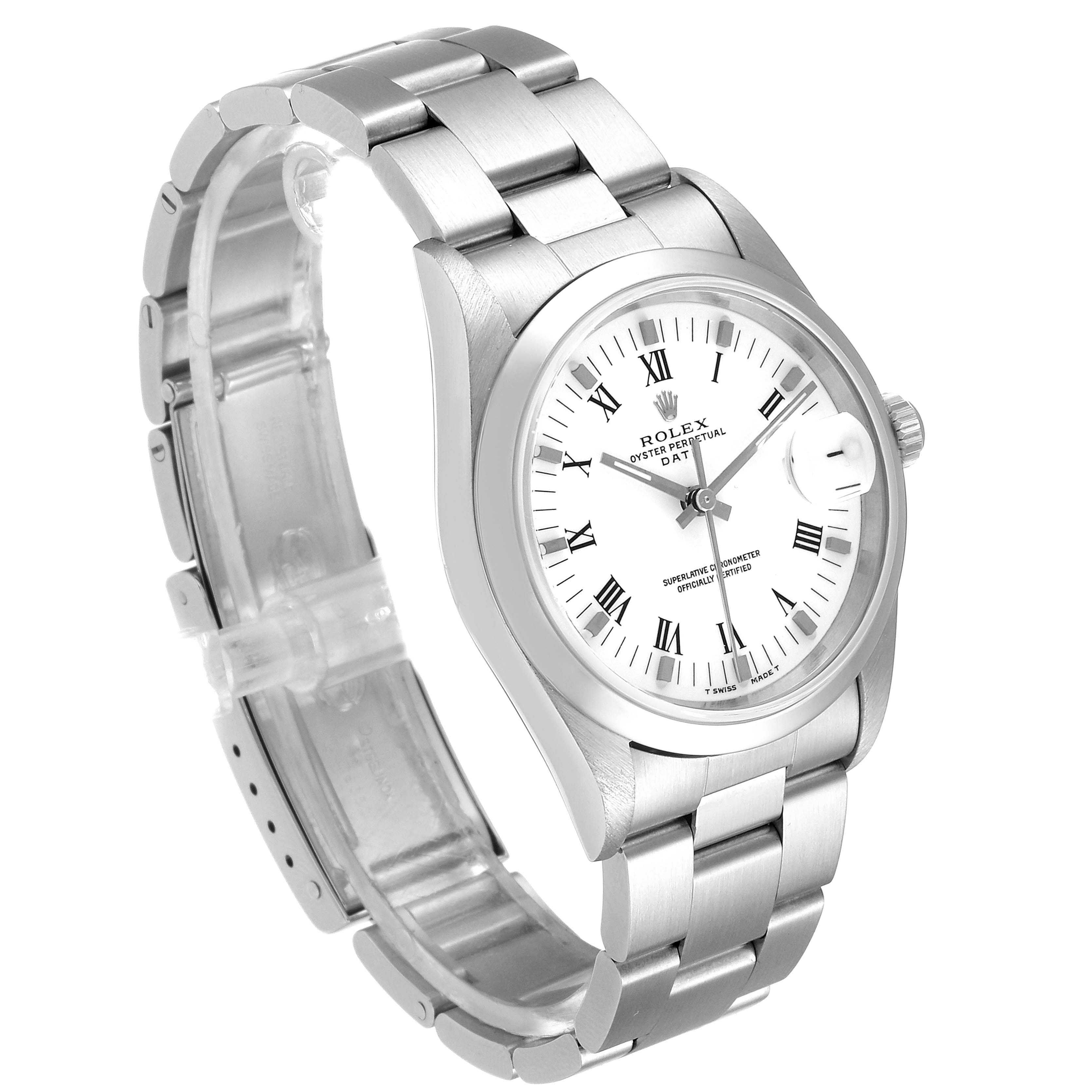 The Rolex Date 15200 Men's Stainless Steel White Dial 15200 Men's Stainless Steel White Dial model watch is shown from an angled front view, displaying the dial, bracelet, and clasp.