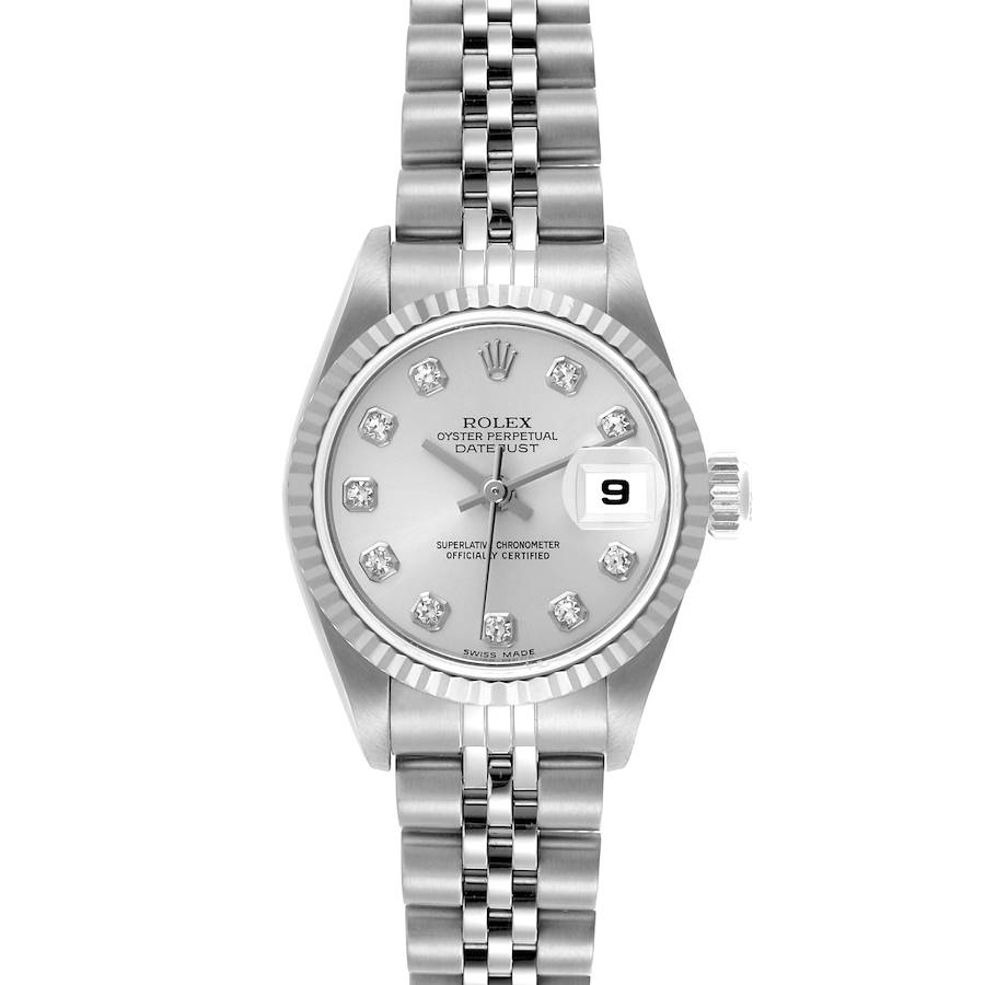 The image shows a front view of a Rolex Datejust watch, displaying its dial, bezel, bracelet, and crown.