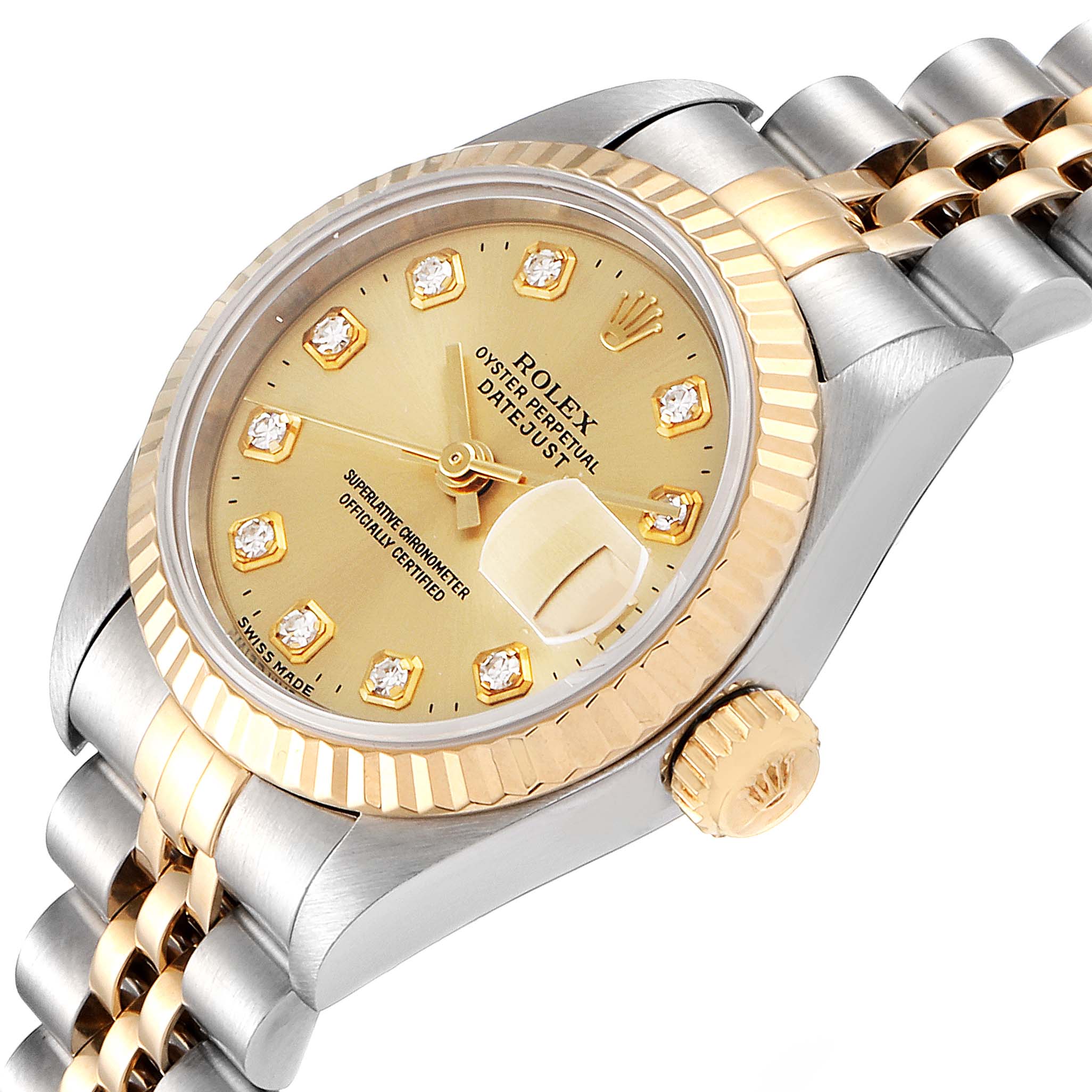 The image shows a close-up of a Rolex Datejust 69173 Women
s Steel and Gold (two tone) Champagne Dial 69173 Women
s Steel and Gold (two tone) Champagne Dial watch face, bezel, crown, and part of the Jubilee bracelet at an angled view.
