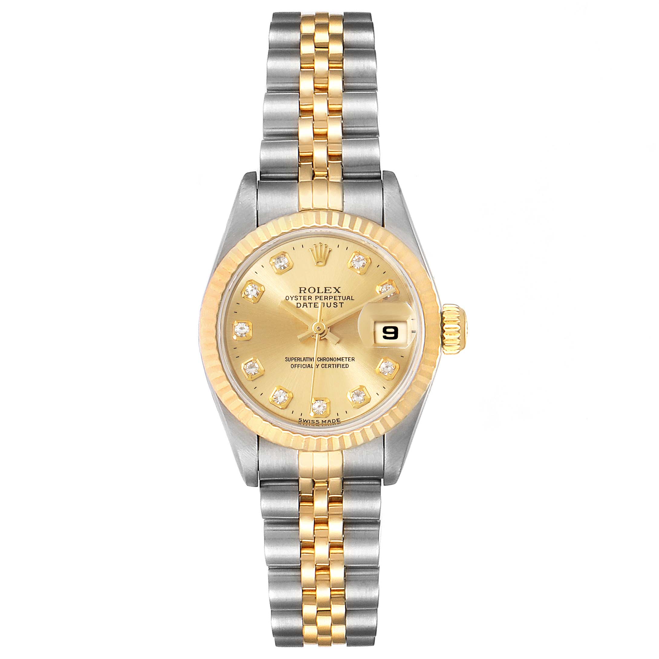 The image shows a Rolex Datejust 69173 Women
s Steel and Gold (two tone) Champagne Dial 69173 Women
s Steel and Gold (two tone) Champagne Dial watch from a top-down angle, highlighting its two-tone bracelet, gold dial, and diamond hour markers.