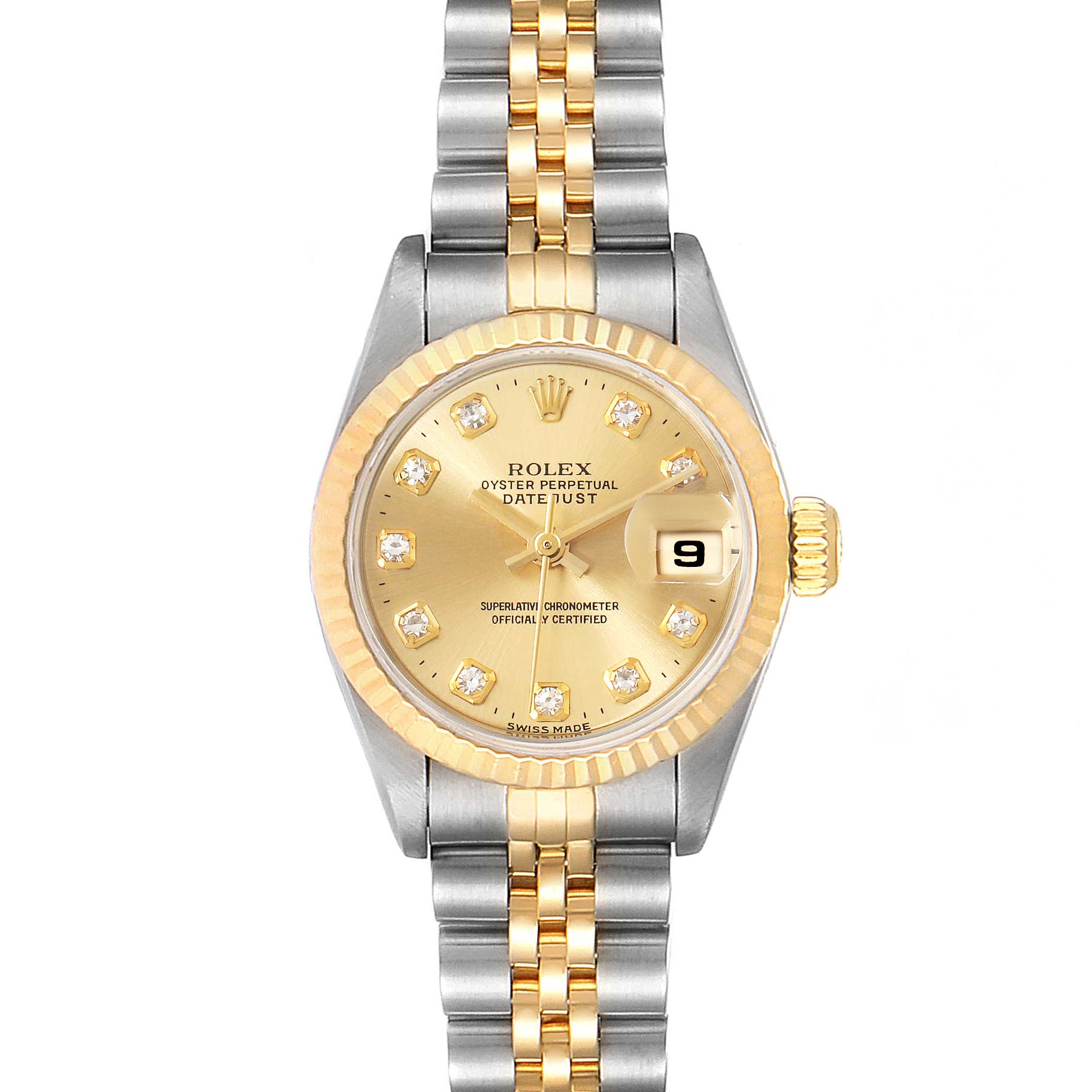 The image shows the front view of the Rolex Datejust 69173 Women
s Steel and Gold (two tone) Champagne Dial 69173 Women
s Steel and Gold (two tone) Champagne Dial watch featuring a two-tone bracelet and a gold dial with diamond hour markers.