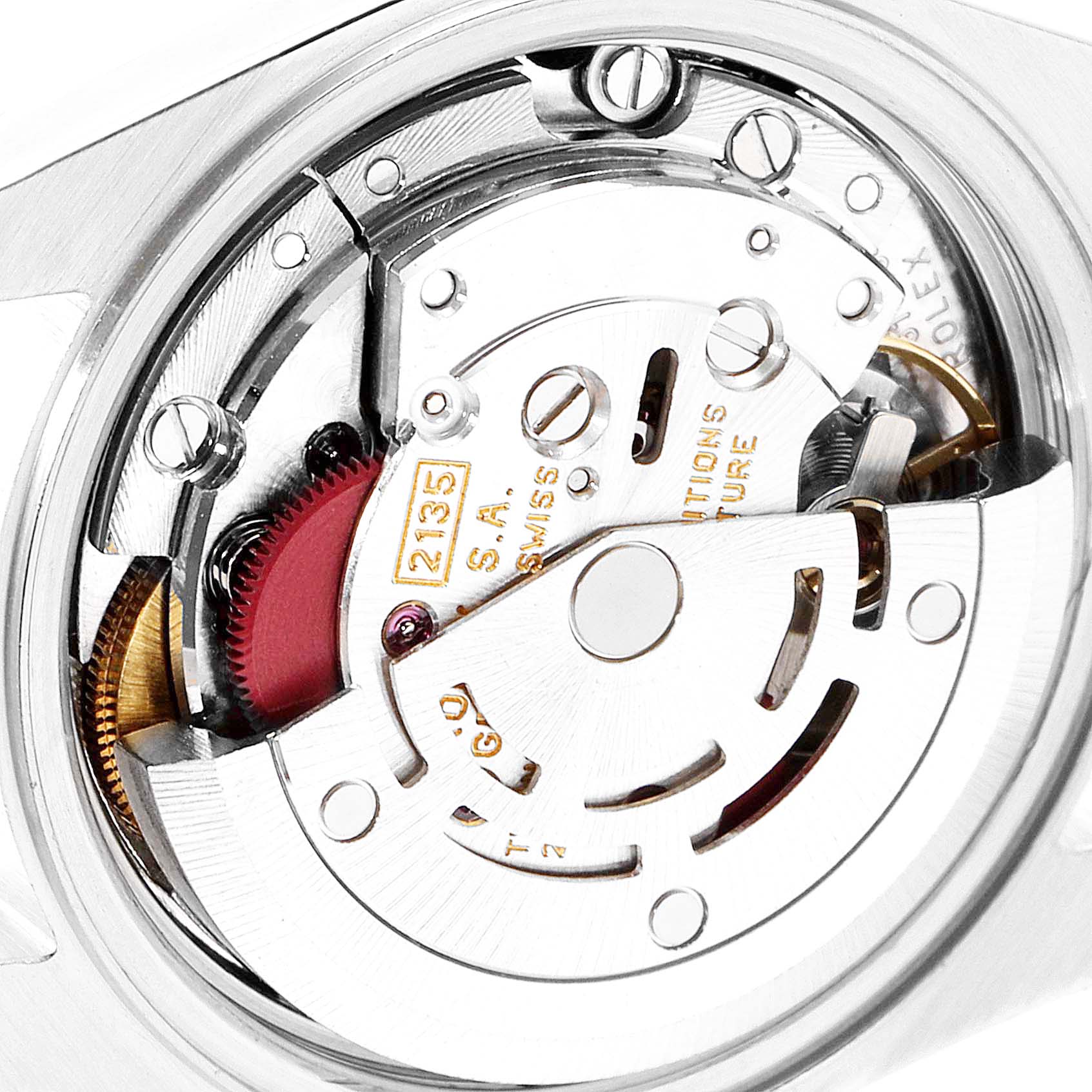 This close-up image shows the inner mechanical movement of the Rolex Datejust 69173 Women
s Steel and Gold (two tone) Champagne Dial 69173 Women
s Steel and Gold (two tone) Champagne Dial watch.