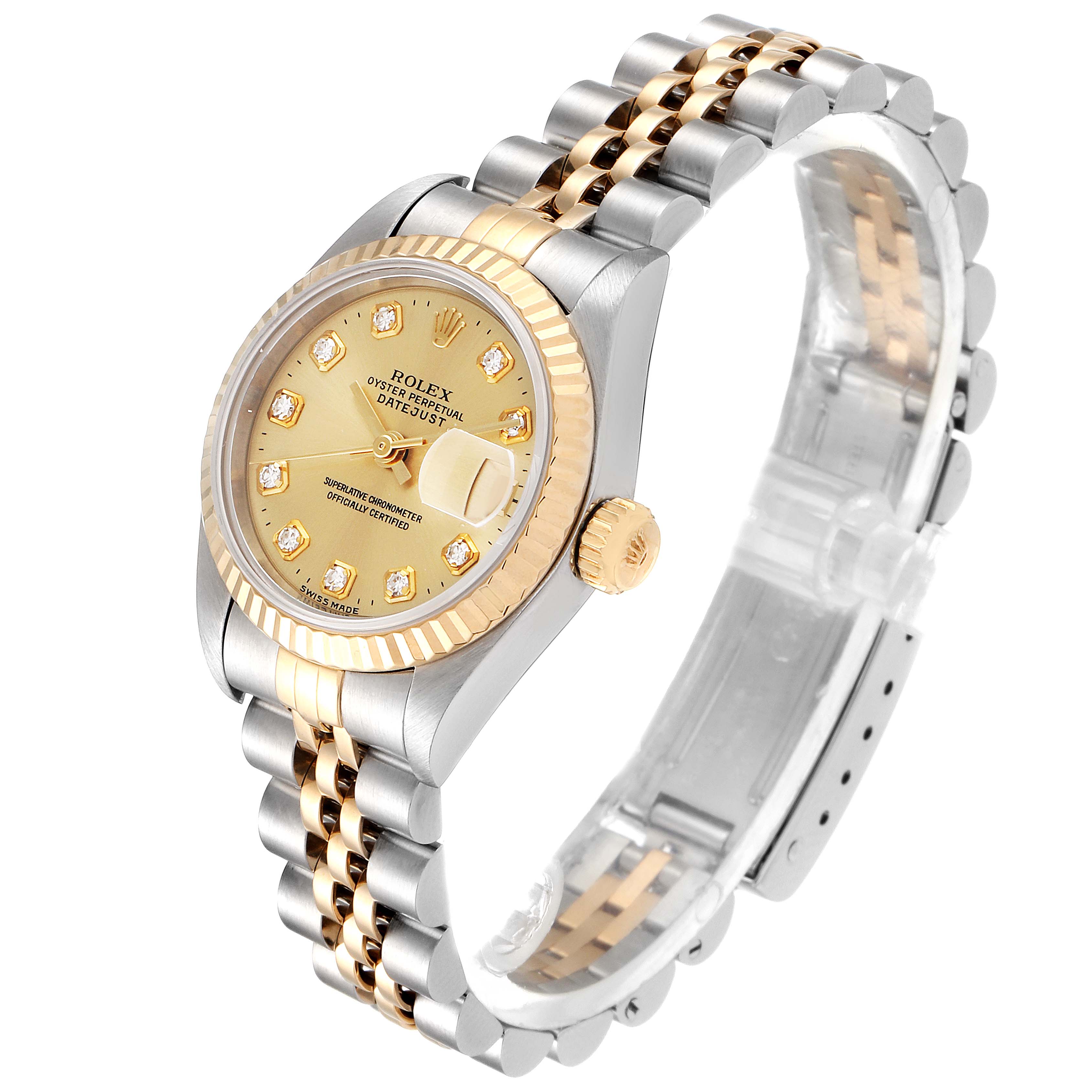 This image shows a Rolex Datejust 69173 Women
s Steel and Gold (two tone) Champagne Dial 69173 Women
s Steel and Gold (two tone) Champagne Dial watch viewed at an angle, highlighting its face, bezel, crown, and bracelet.