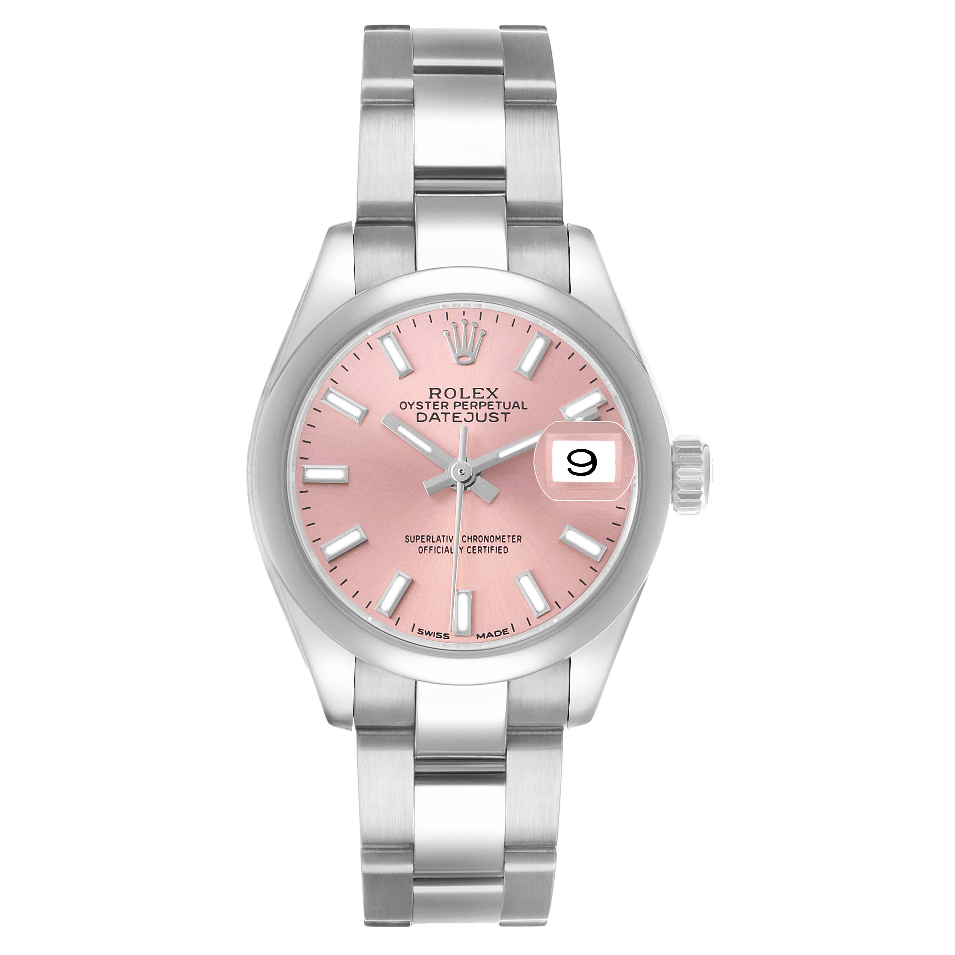 The Rolex Datejust 279160 Women's Stainless Steel Pink Dial watch is shown from the front, displaying the dial, hands, bracelet, and date window.