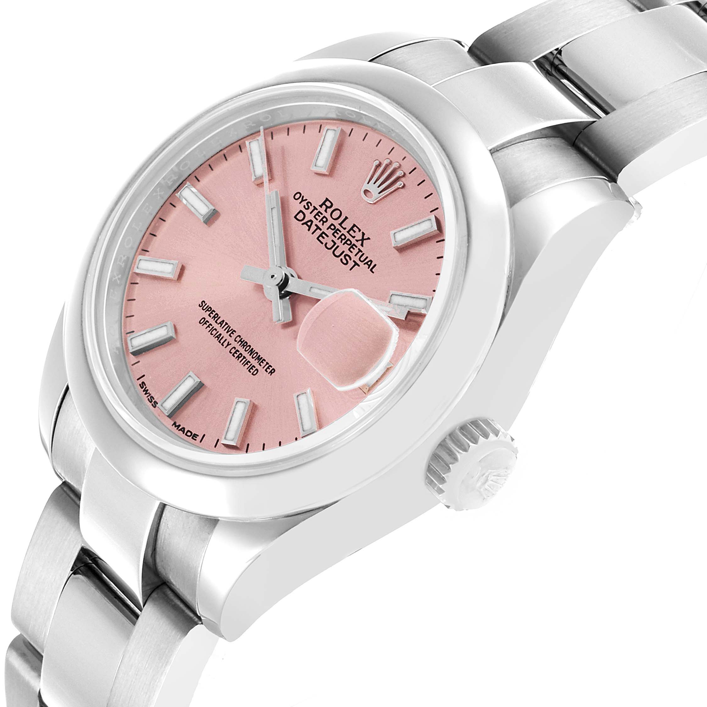 The Rolex Datejust 279160 Women's Stainless Steel Pink Dial watch is shown at a tilted angle, displaying the pink dial, hour markers, cyclops lens, case, and bracelet.