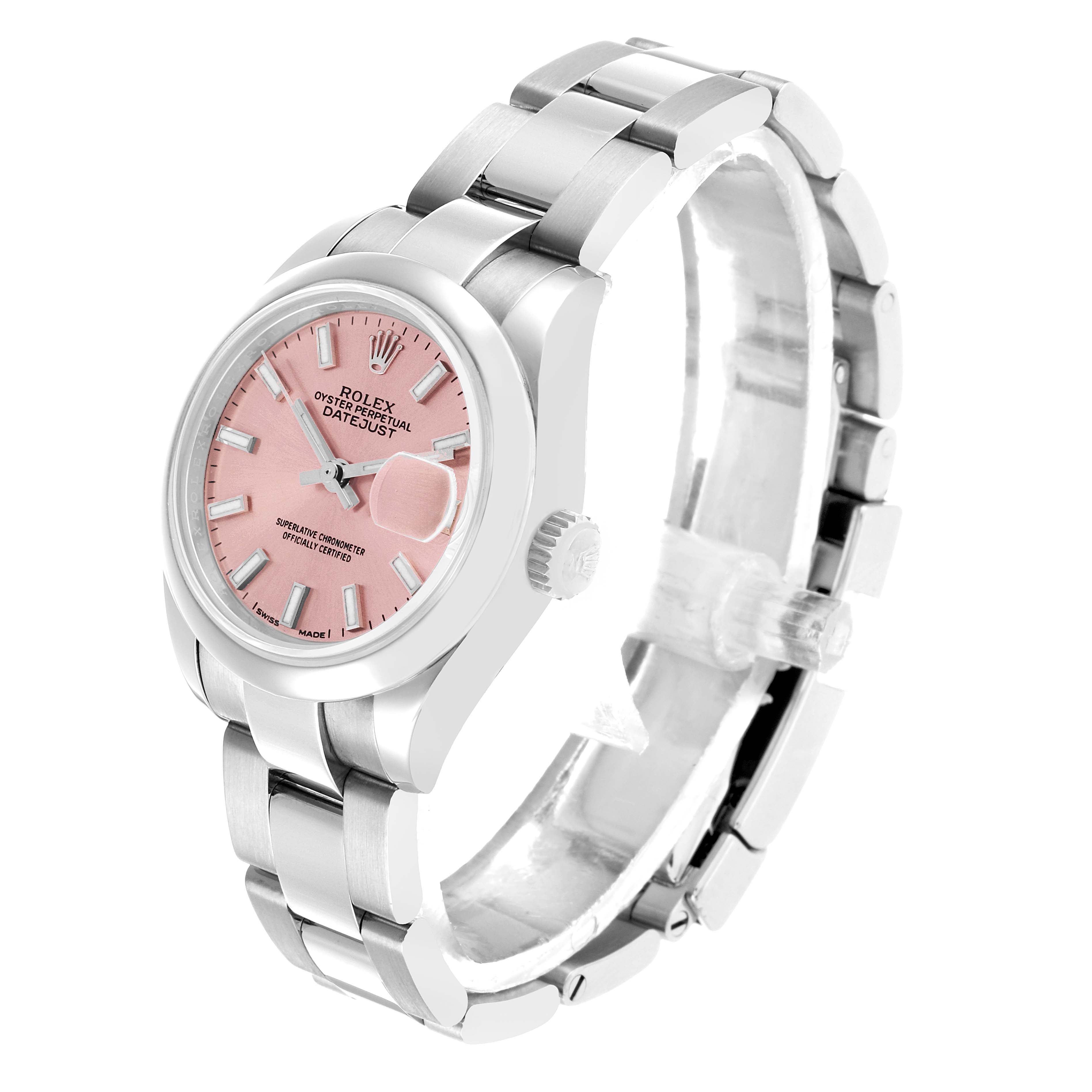This Rolex Datejust 279160 Women's Stainless Steel Pink Dial watch is shown at a three-quarter angle, displaying the dial, bezel, crown, and bracelet.