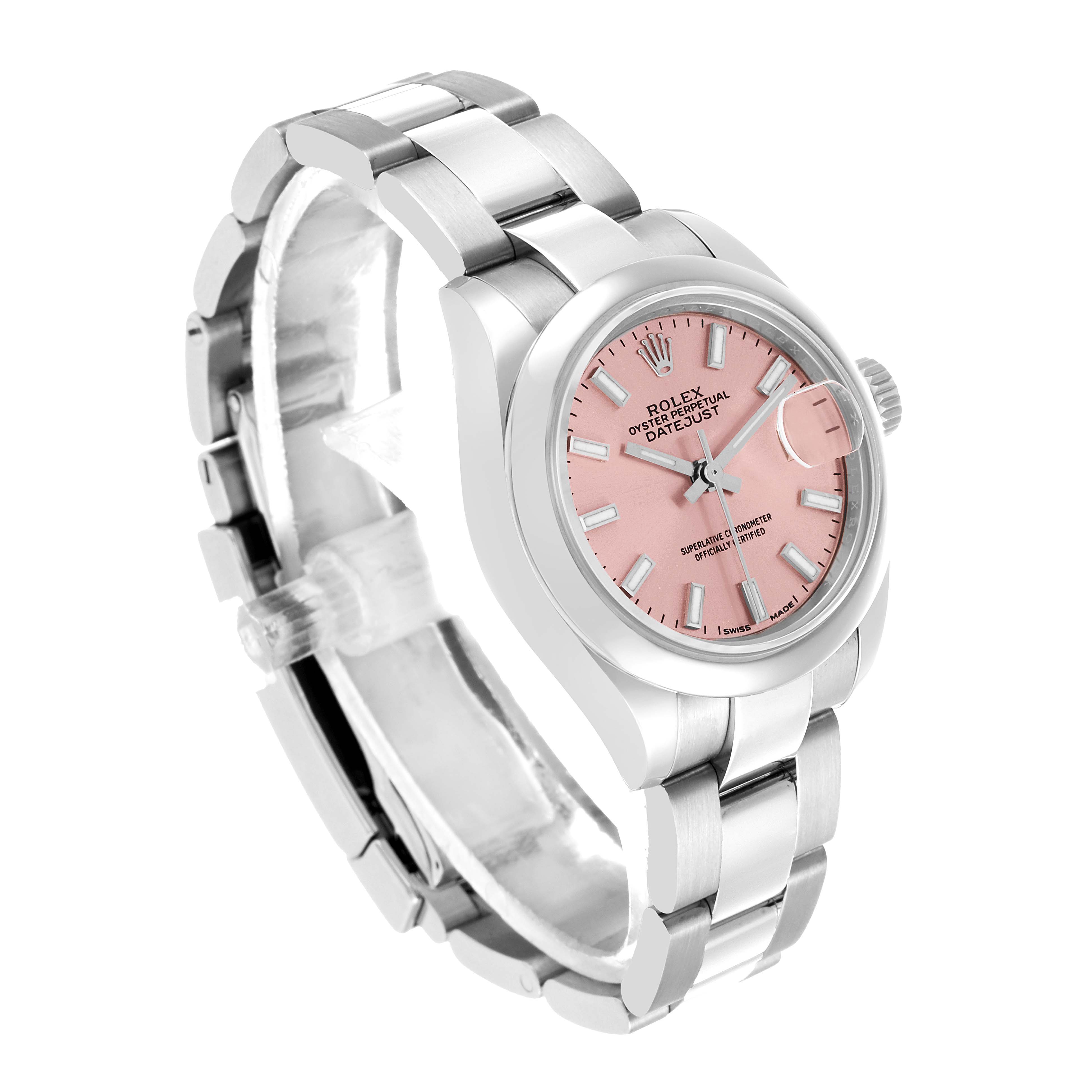 The image shows a Rolex Datejust 279160 Women's Stainless Steel Pink Dial watch at a three-quarter angle, highlighting the pink dial, bezel, and bracelet.
