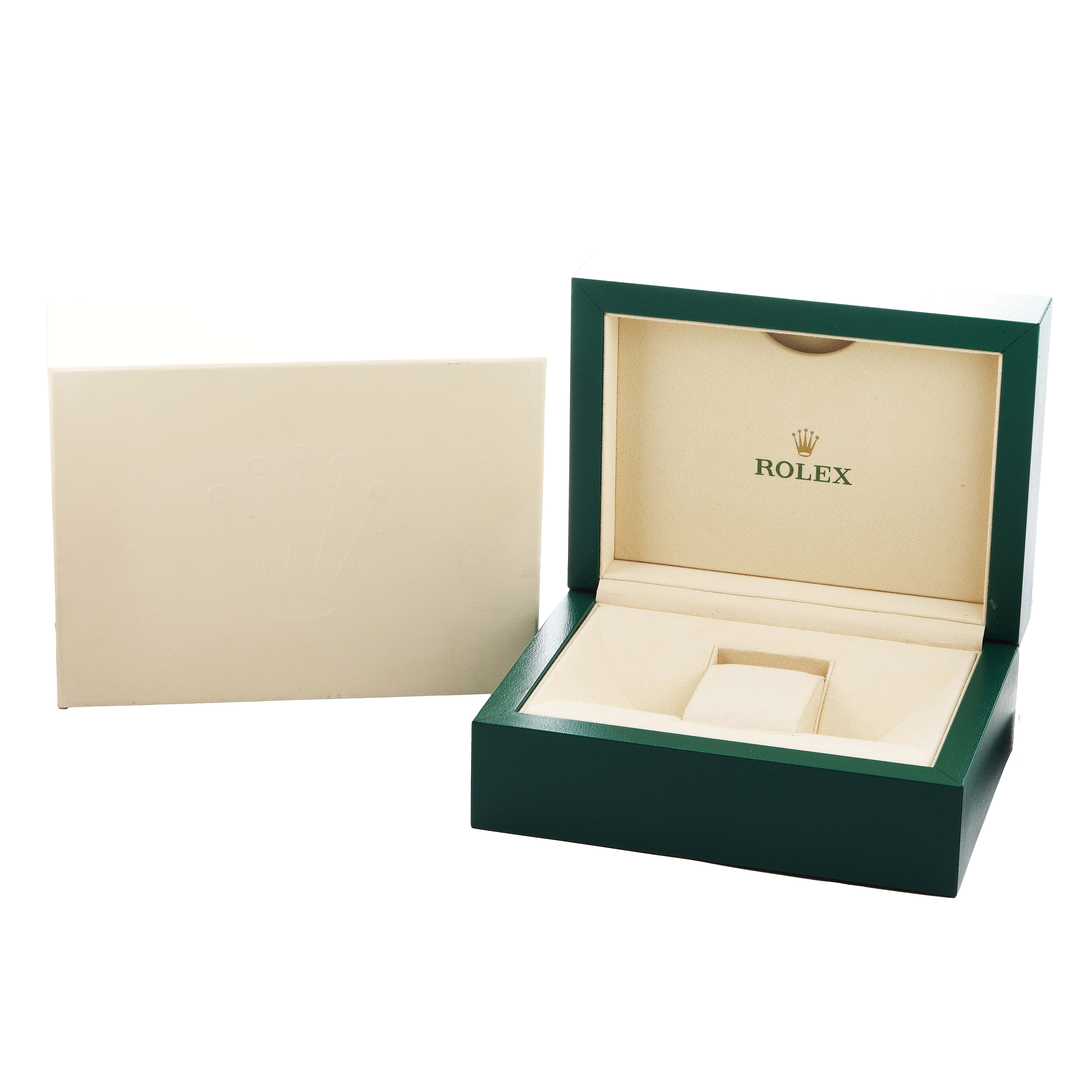 The image shows a Rolex Datejust 279160 Women's Stainless Steel Pink Dial watch box at a slight angle, with the outer box beside it and the interior display visible.