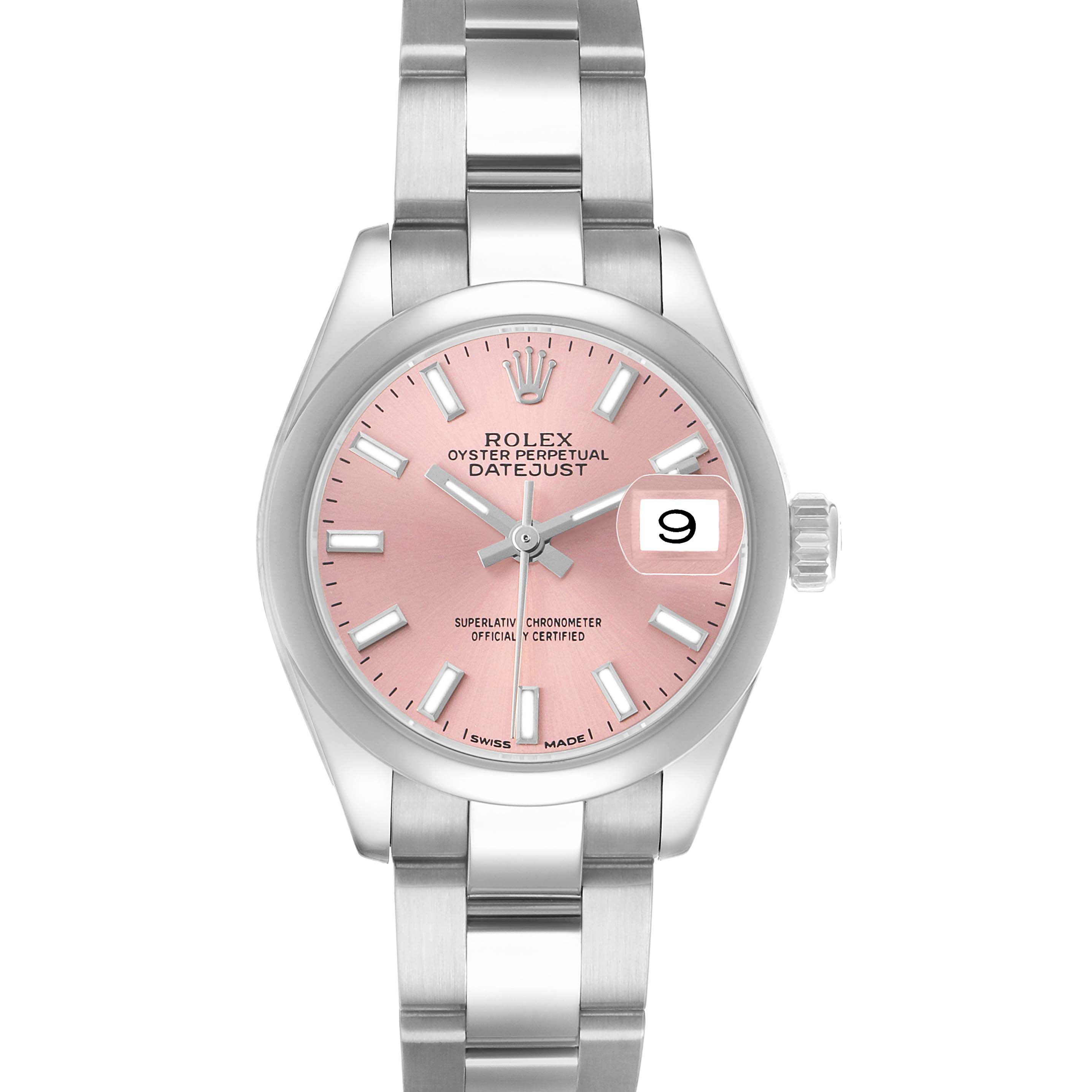 This image shows a frontal view of the Rolex Datejust 279160 Women's Stainless Steel Pink Dial, featuring its dial, hands, bracelet, and date window.