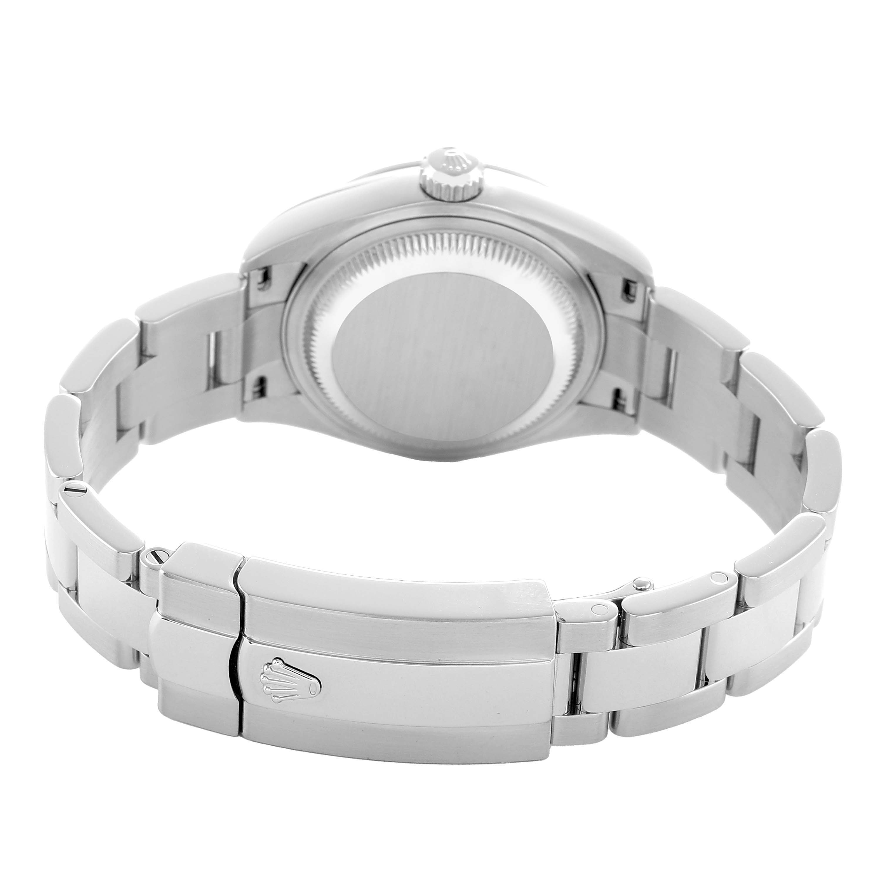 The image shows the back of the Rolex Datejust 279160 Women's Stainless Steel Pink Dial, featuring the case back, bracelet, and clasp in a slightly tilted angle.