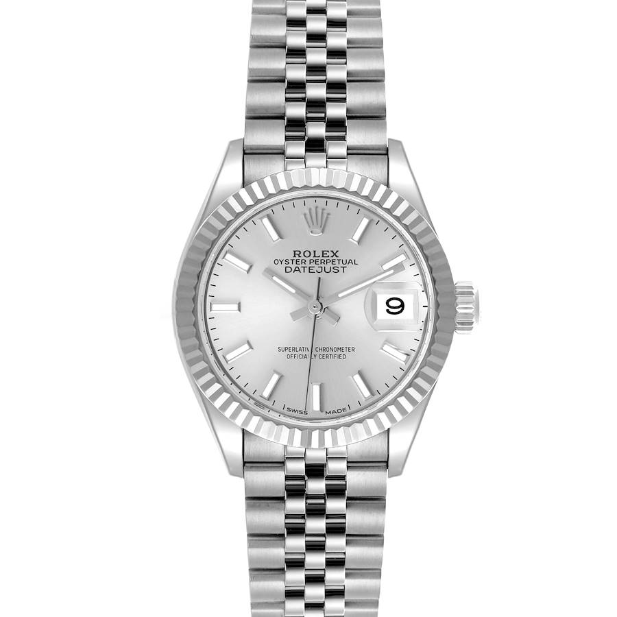 The Rolex Datejust watch is shown from the front, displaying the dial, fluted bezel, and jubilee bracelet.