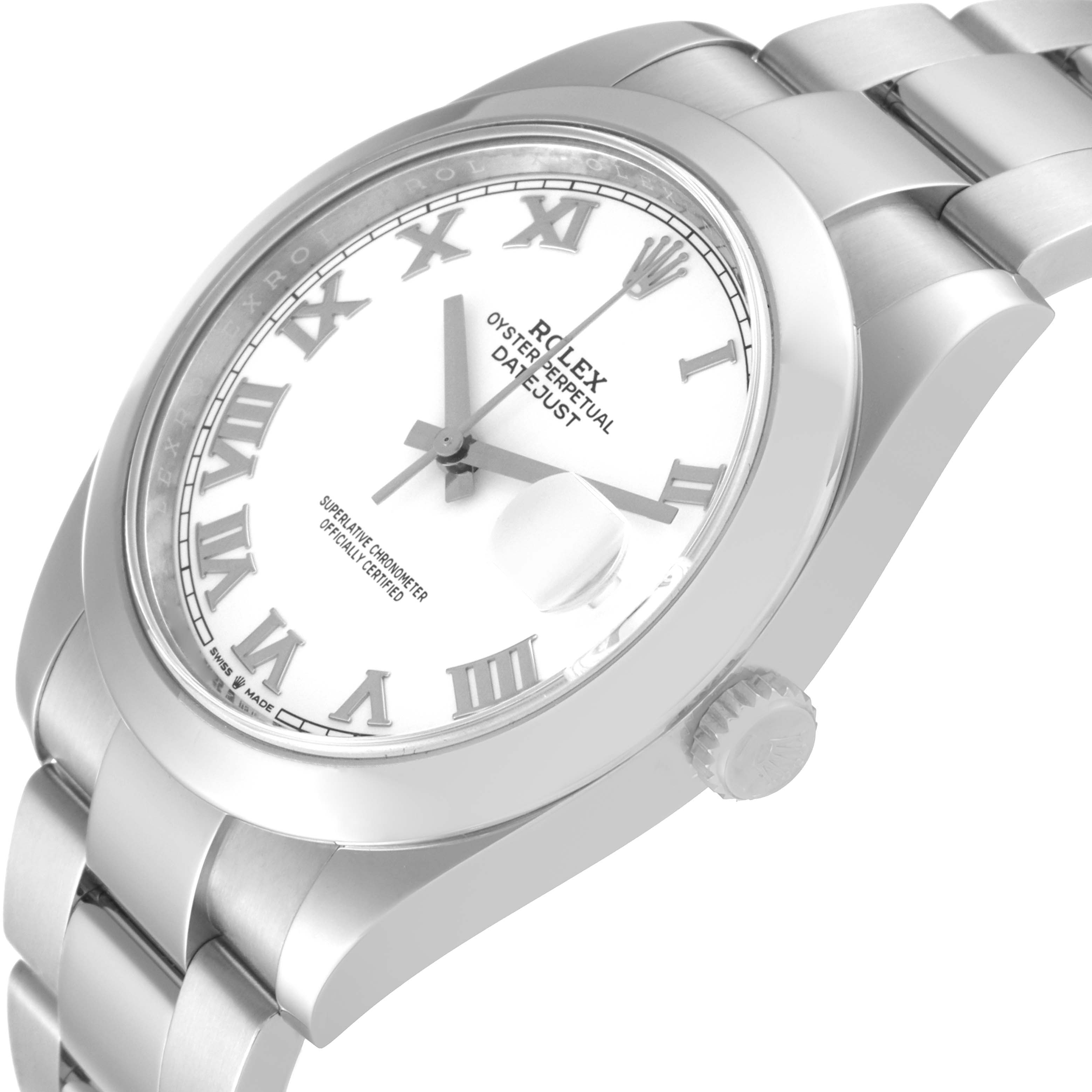 The image shows a Rolex Datejust 41 126300 Men's Stainless Steel White Dial 126300 Men's Stainless Steel White Dial model watch from an angled side view, highlighting the crown, dial, and part of the bracelet.