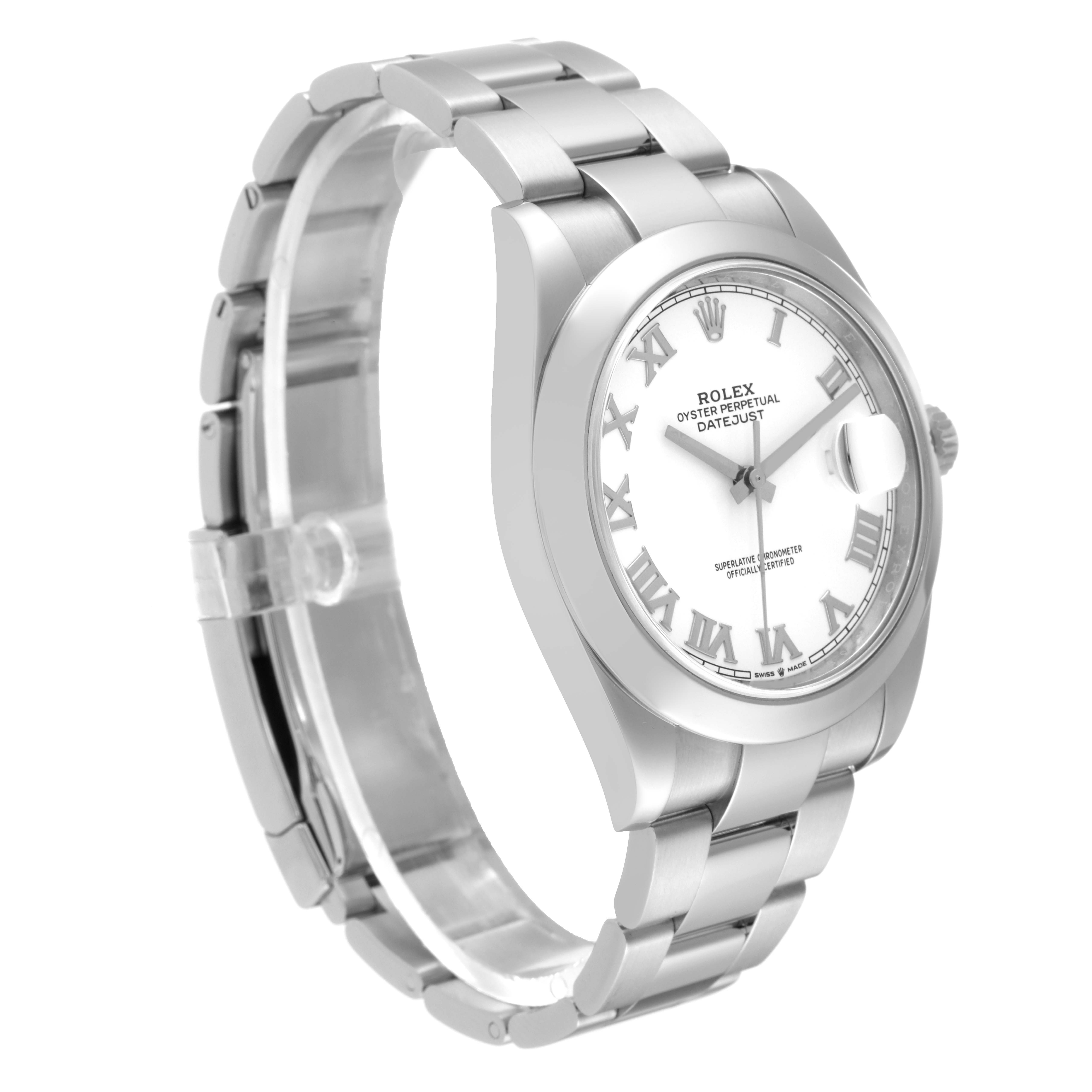 The Rolex Datejust 41 126300 Men's Stainless Steel White Dial 126300 Men's Stainless Steel White Dial watch is shown at an angled side view, displaying its dial, bezel, and bracelet.