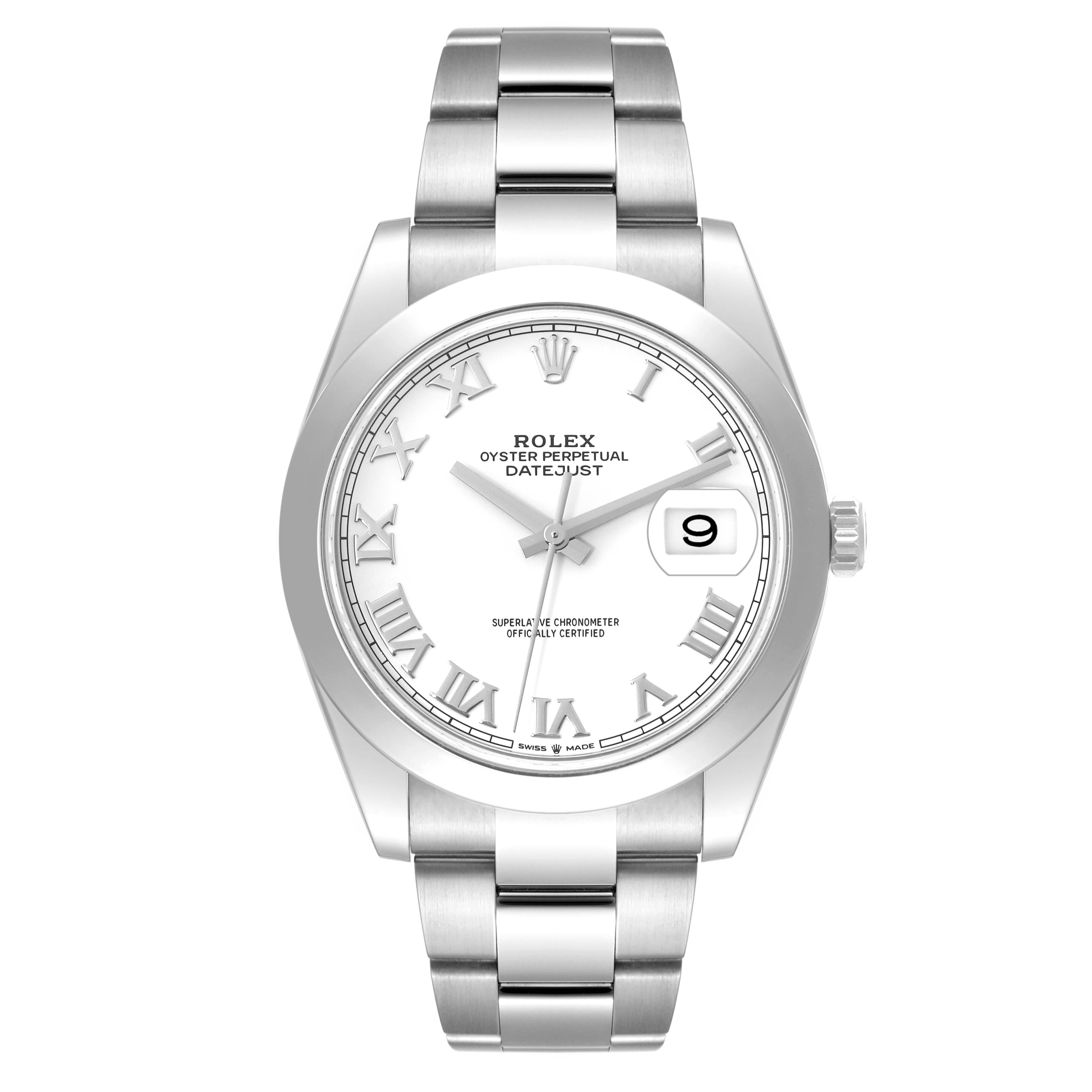 This image shows a front view of the Rolex Datejust 41 126300 Men's Stainless Steel White Dial 126300 Men's Stainless Steel White Dial watch, featuring a white dial with Roman numerals and a date display.