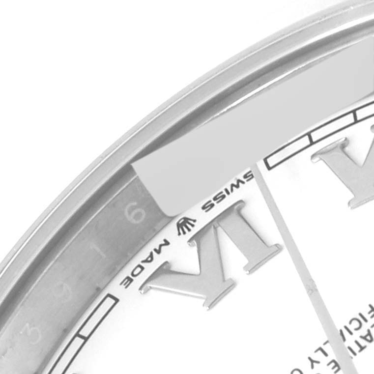 The image shows a close-up of the dial and bezel of the Rolex Datejust 41 126300 Men's Stainless Steel White Dial 126300 Men's Stainless Steel White Dial, highlighting the Roman numeral markers and "SWISS MADE" text.
