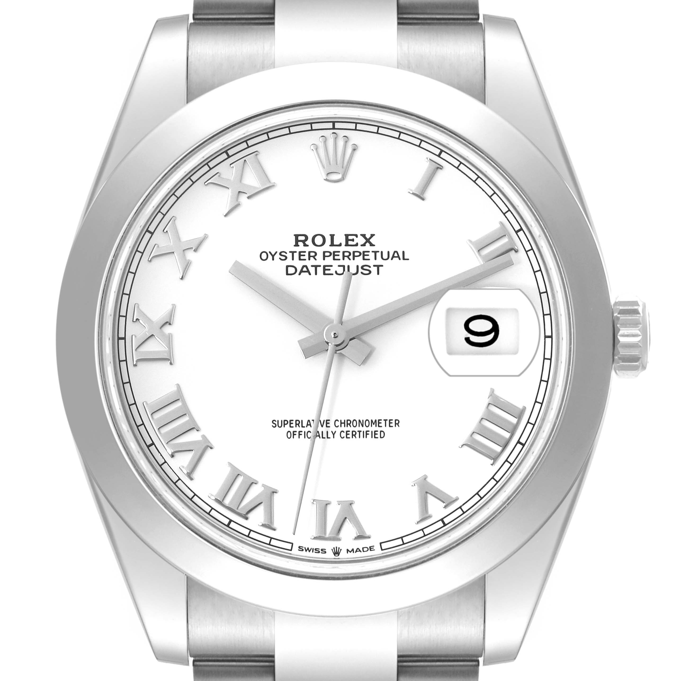 This image features a front view of the Rolex Datejust 41 126300 Men's Stainless Steel White Dial 126300 Men's Stainless Steel White Dial, highlighting its white dial, Roman numeral indices, and date window.