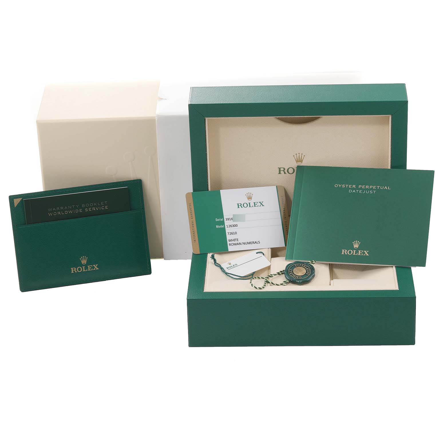 The image shows the packaging, warranty booklet, manual, tags, and card for a Rolex Datejust 41 126300 Men's Stainless Steel White Dial 126300 Men's Stainless Steel White Dial watch.