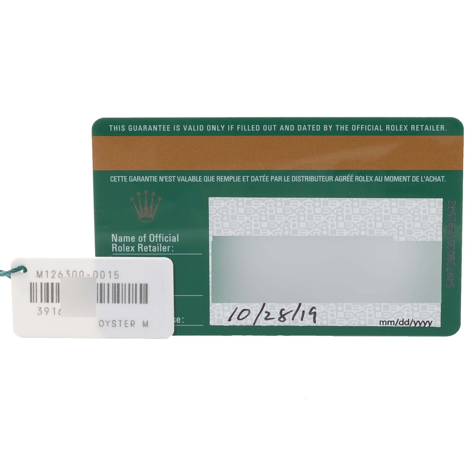 The image shows the warranty card and tag for a Rolex Datejust 41 126300 Men's Stainless Steel White Dial 126300 Men's Stainless Steel White Dial with a visible model number and purchase date.