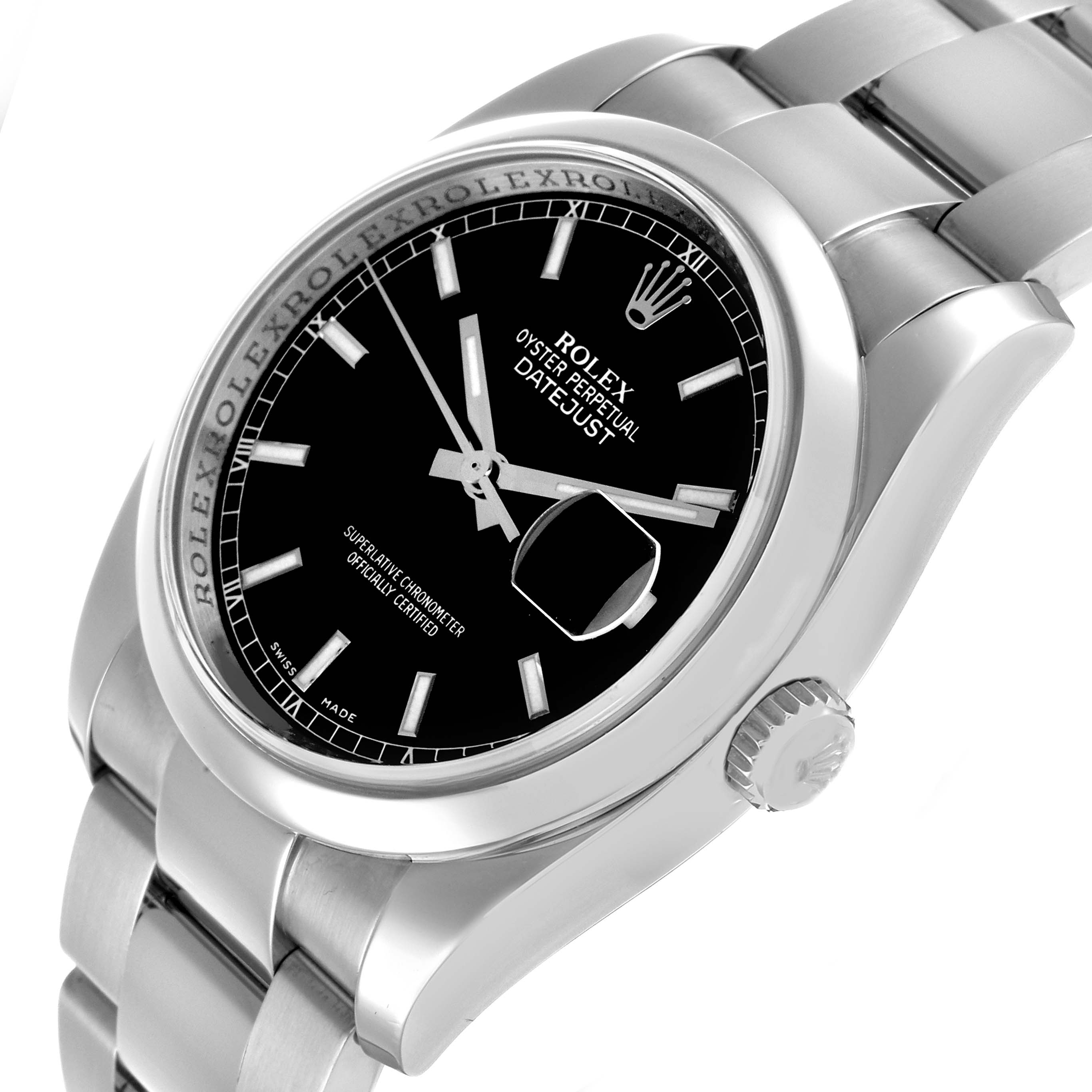 The Rolex Datejust 116200 Men's Stainless Steel Black Dial watch is shown from a side angle, highlighting the dial, bezel, crown, and bracelet.