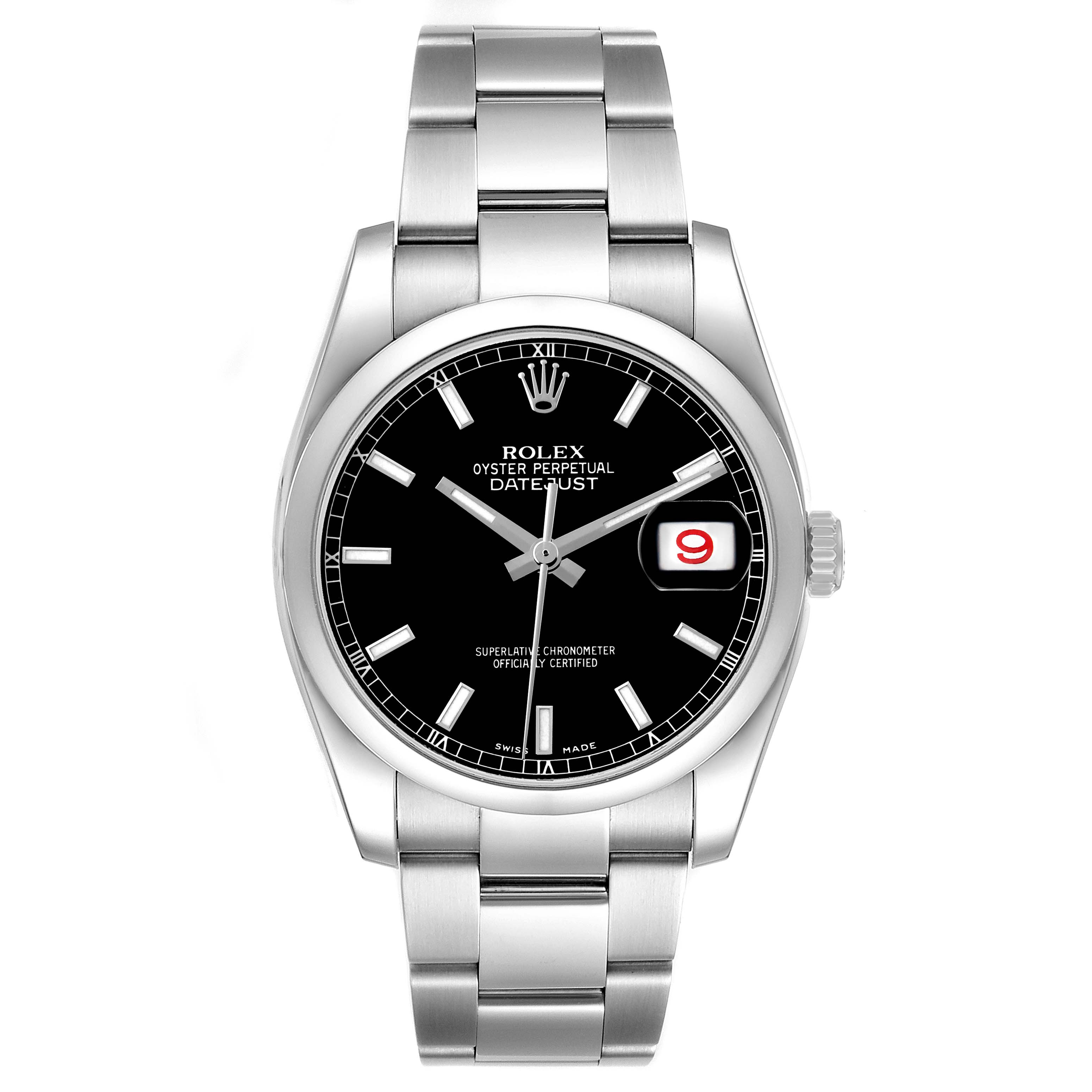 The Rolex Datejust 116200 Men's Stainless Steel Black Dial watch is shown from the front, displaying its dial, bezel, case, bracelet, and crown.