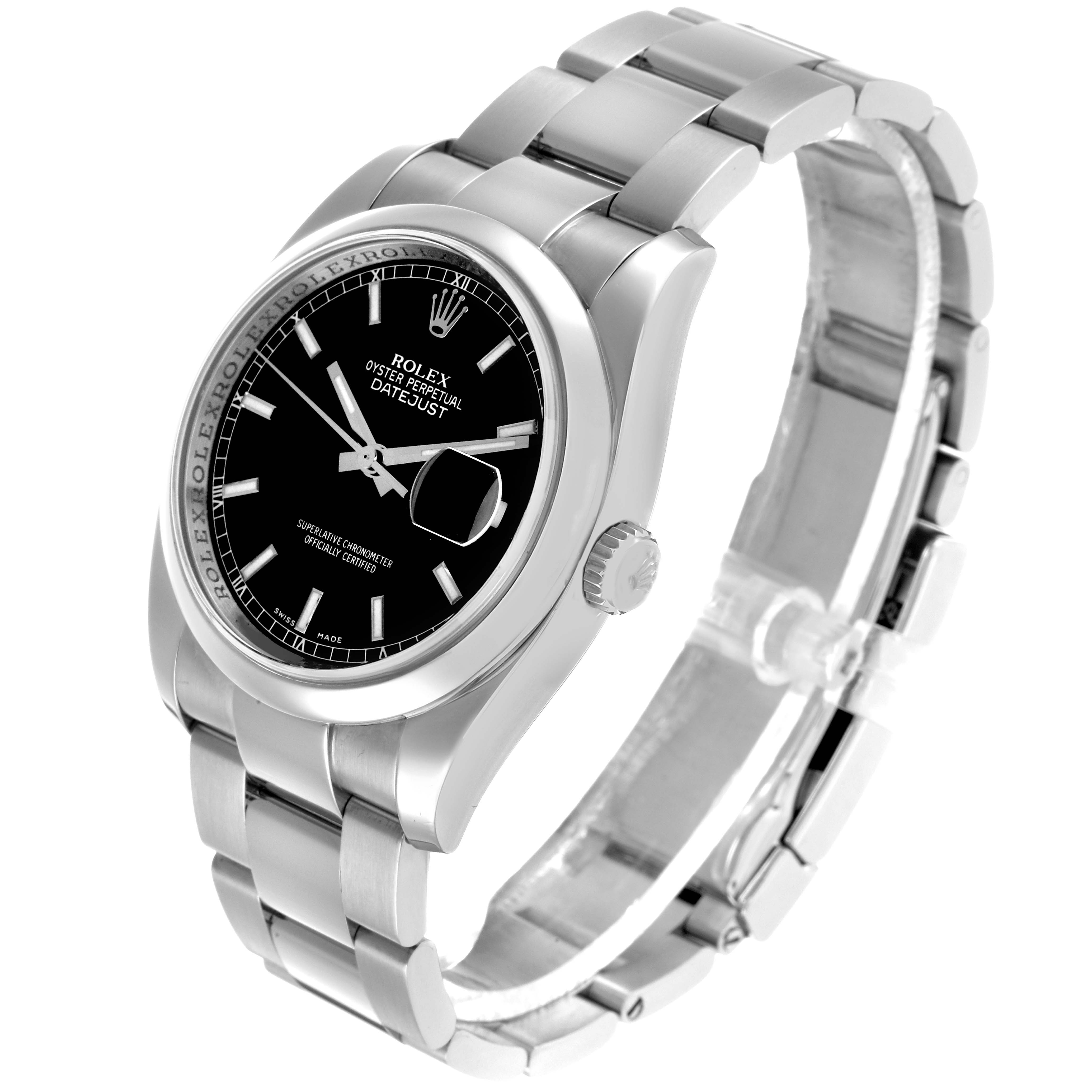 The Rolex Datejust 116200 Men's Stainless Steel Black Dial watch is shown at a three-quarter angle, highlighting the dial, bezel, case, crown, and bracelet.