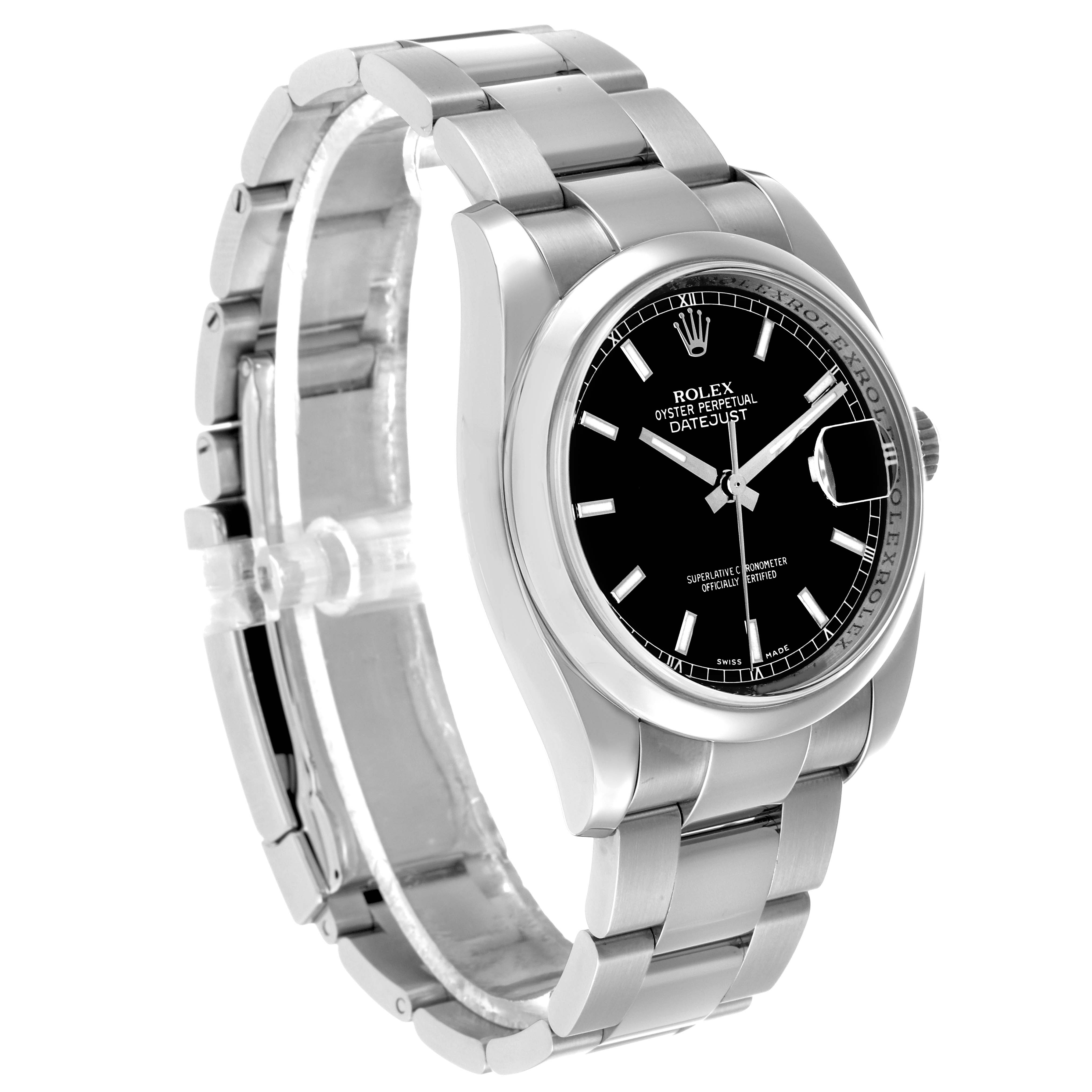 The Rolex Datejust 116200 Men's Stainless Steel Black Dial watch is viewed from an angled left side, showing the dial, case, bracelet, and crown.