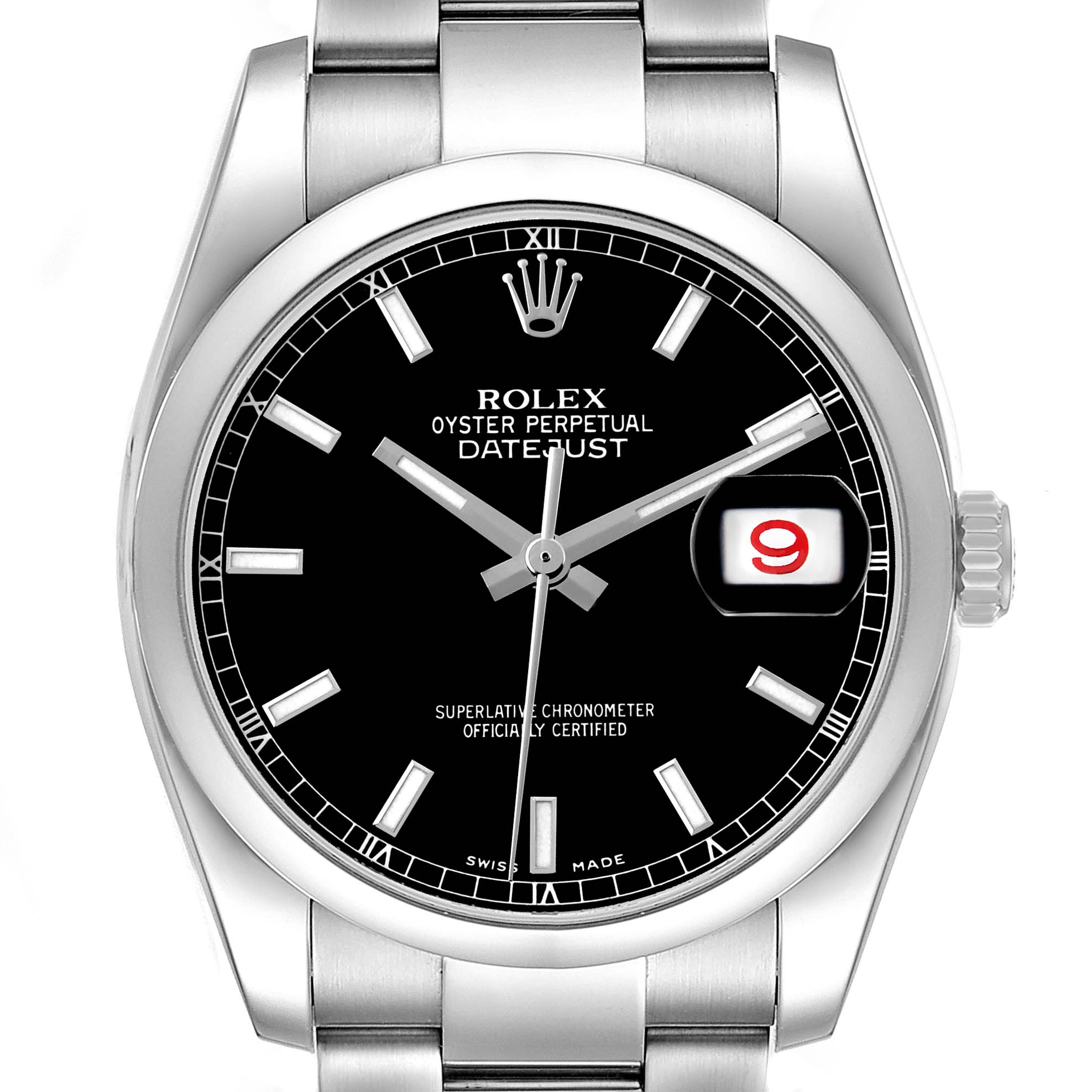 The Rolex Datejust 116200 Men's Stainless Steel Black Dial watch is shown from a front view, highlighting the dial, hands, bracelet, and crown.
