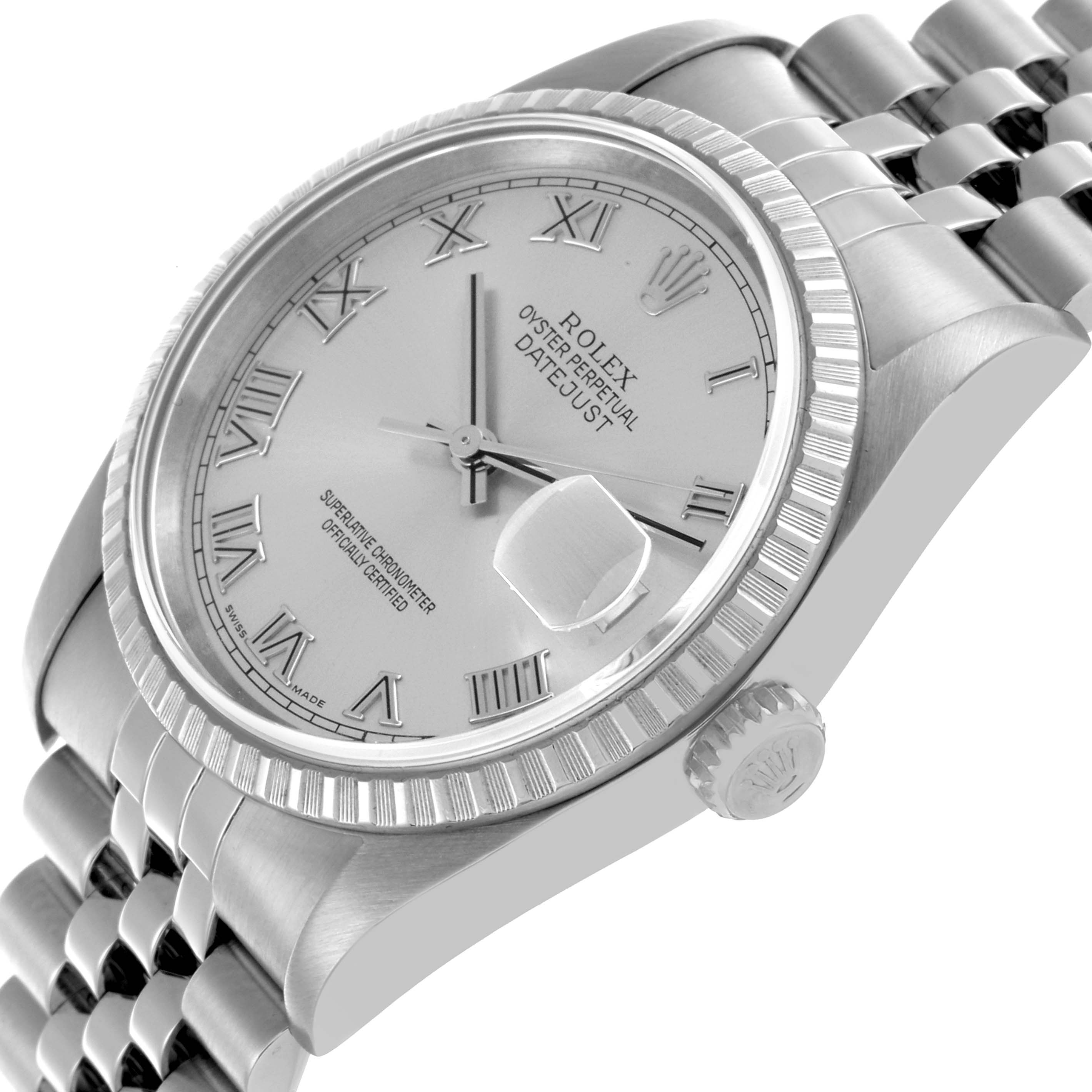The Rolex Datejust 16220 Men's Stainless Steel Silver Dial 16220 Men's Stainless Steel Silver Dial watch is shown at an angled view, highlighting the dial, bezel, crown, and part of the bracelet.