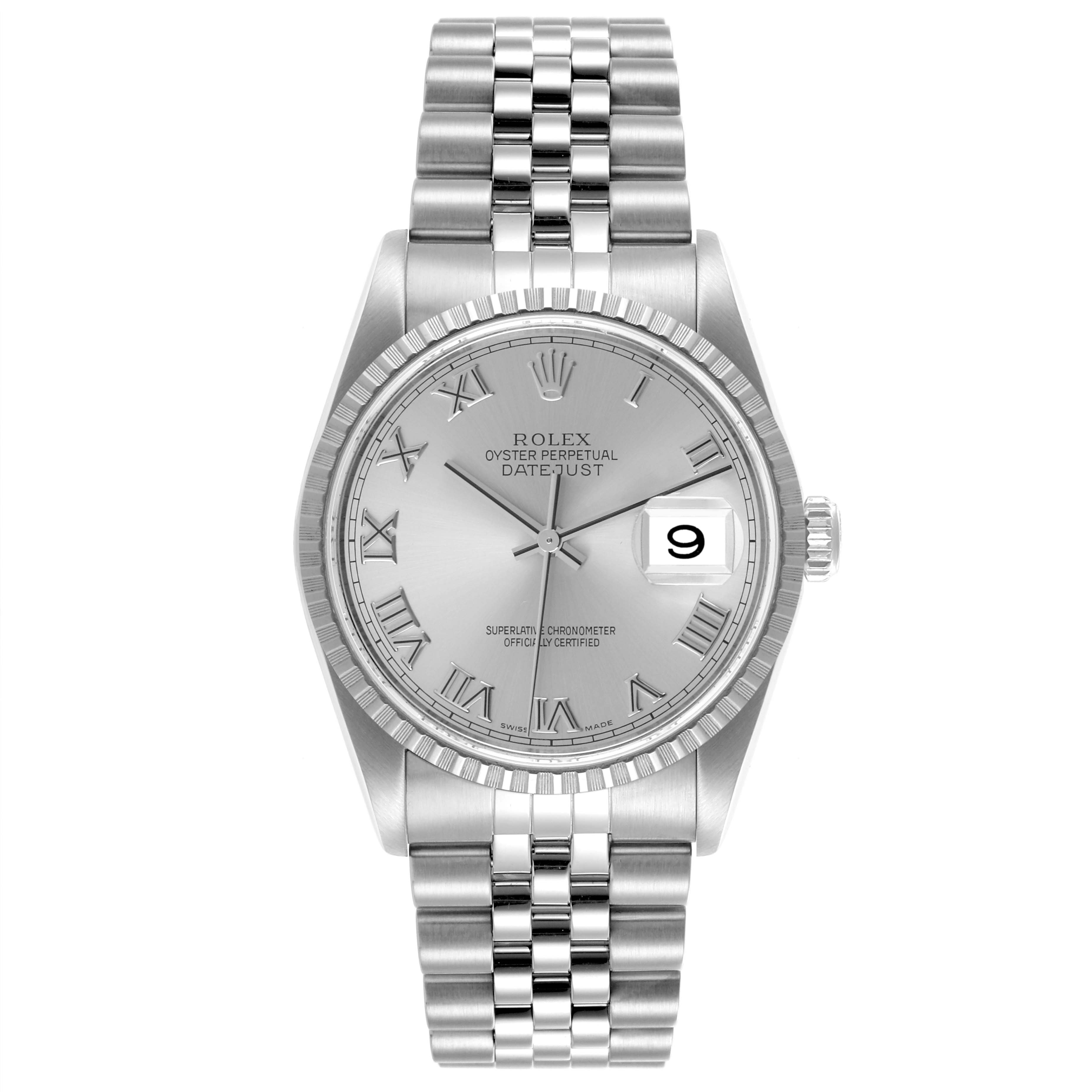 The Rolex Datejust 16220 Men's Stainless Steel Silver Dial 16220 Men's Stainless Steel Silver Dial watch is shown from a front angle, displaying the dial, bezel, and bracelet.