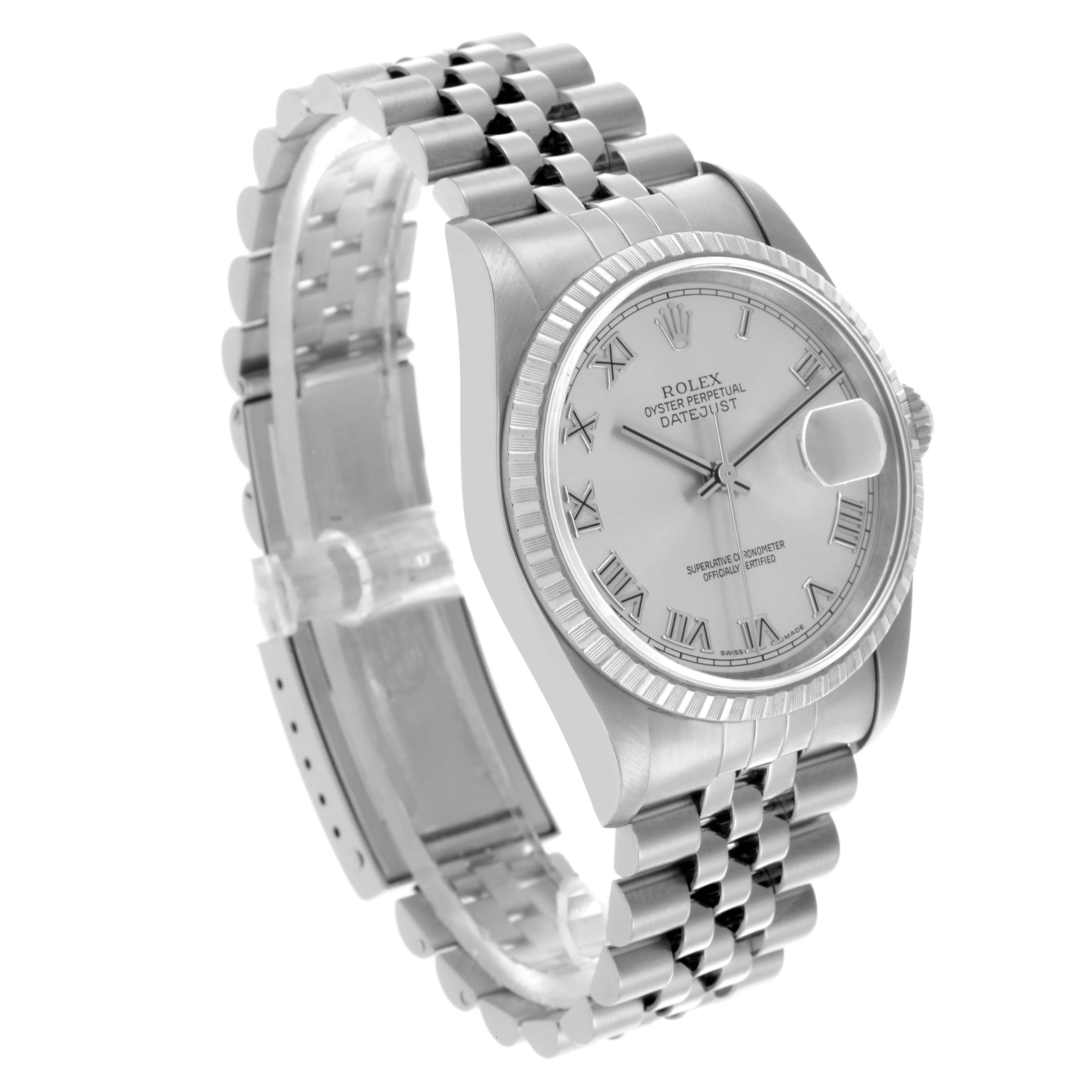 The Rolex Datejust 16220 Men's Stainless Steel Silver Dial 16220 Men's Stainless Steel Silver Dial is shown from an angled side view, displaying the dial, bezel, and bracelet.